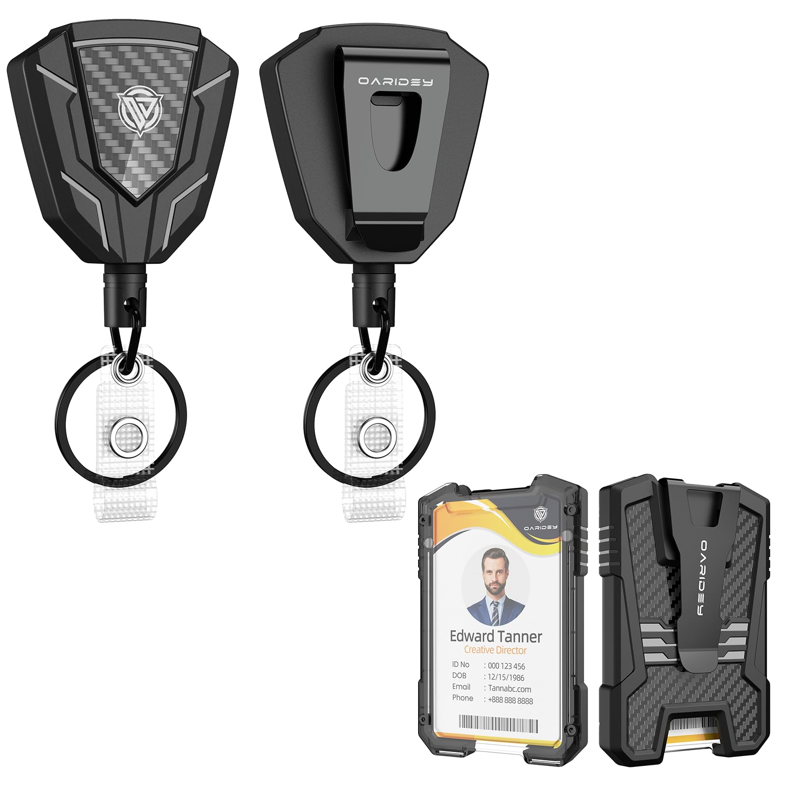 1Pcs Heavy Duty Badge Holder (Black Carbon Fiber) and 2 Pack Retractable Keychain with Belt Clip