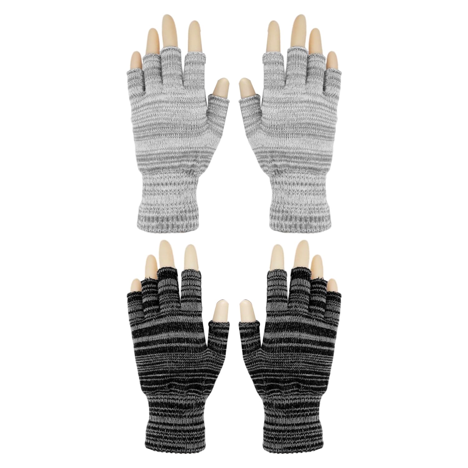 Vehyegoi Unisex Black Gray 2 Pairs Of Fingerless Knitted Gloves, Thickened Warm Gloves, Stretch Gloves, Winter Warm Half-Finger Gloves