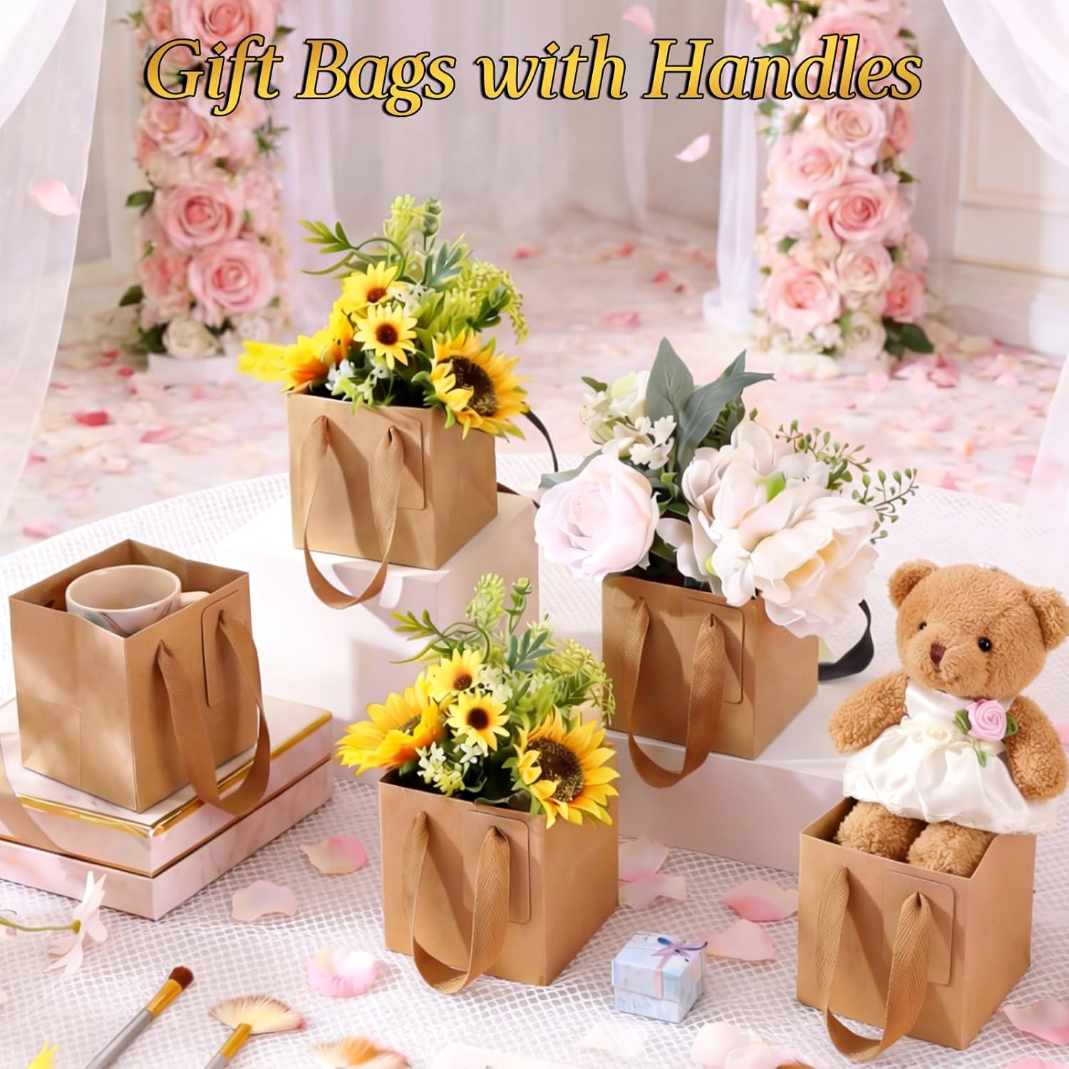 Kolldenn 100 Pcs Small Brown Gift Bags with Handles 4"×4"×4" Mini Kraft Paper Square Gift Bags Bulk with 100 Blank DIY Tags for Wedding Birthday Graduation Shopping Business Party
