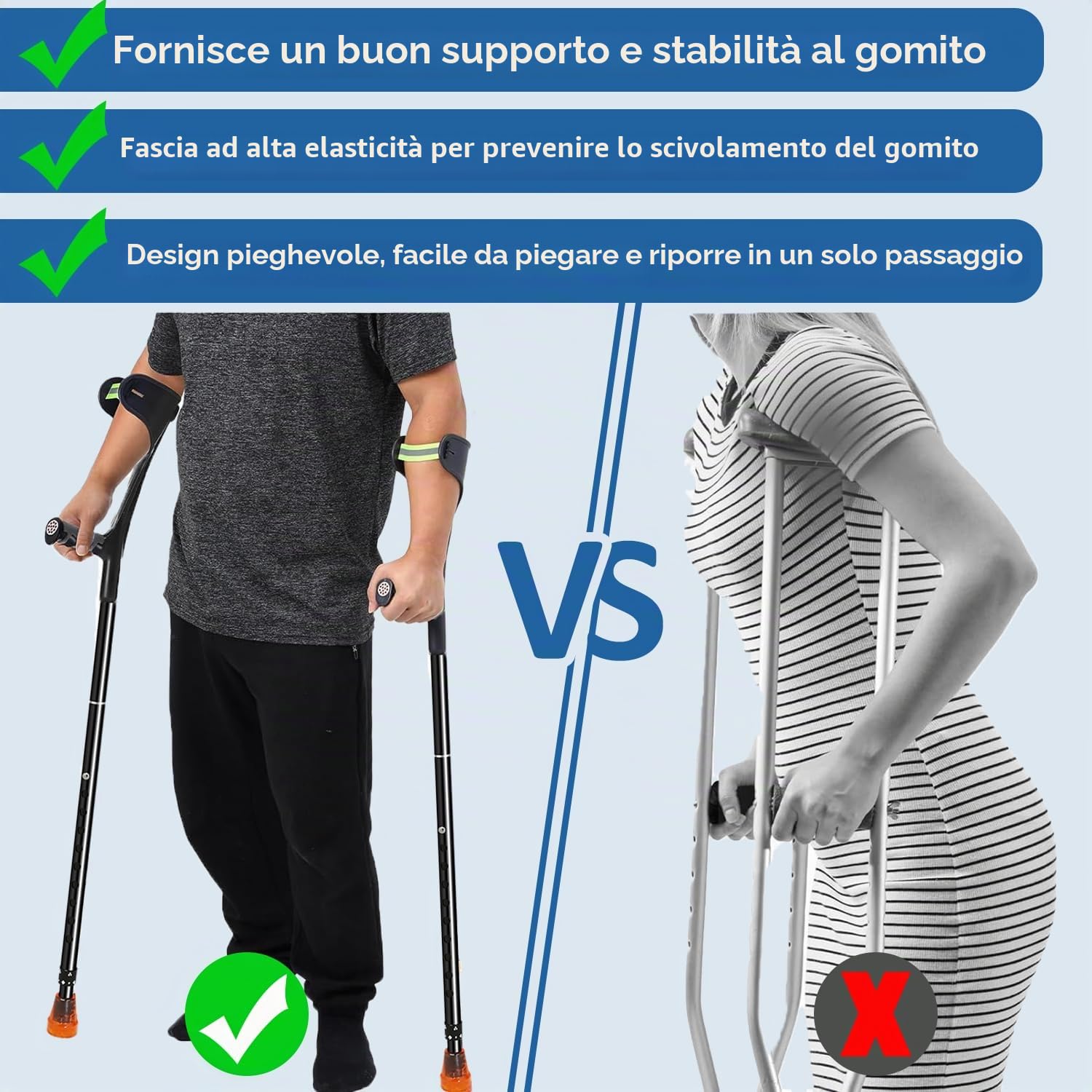 Confezione da 2 stampelle pieghevoli per adulti, stampelle leggere per adulti, donne, uomini, anziani, stampelle regolabili in altezza con comoda maniglia, stampelle nere per ausili per la