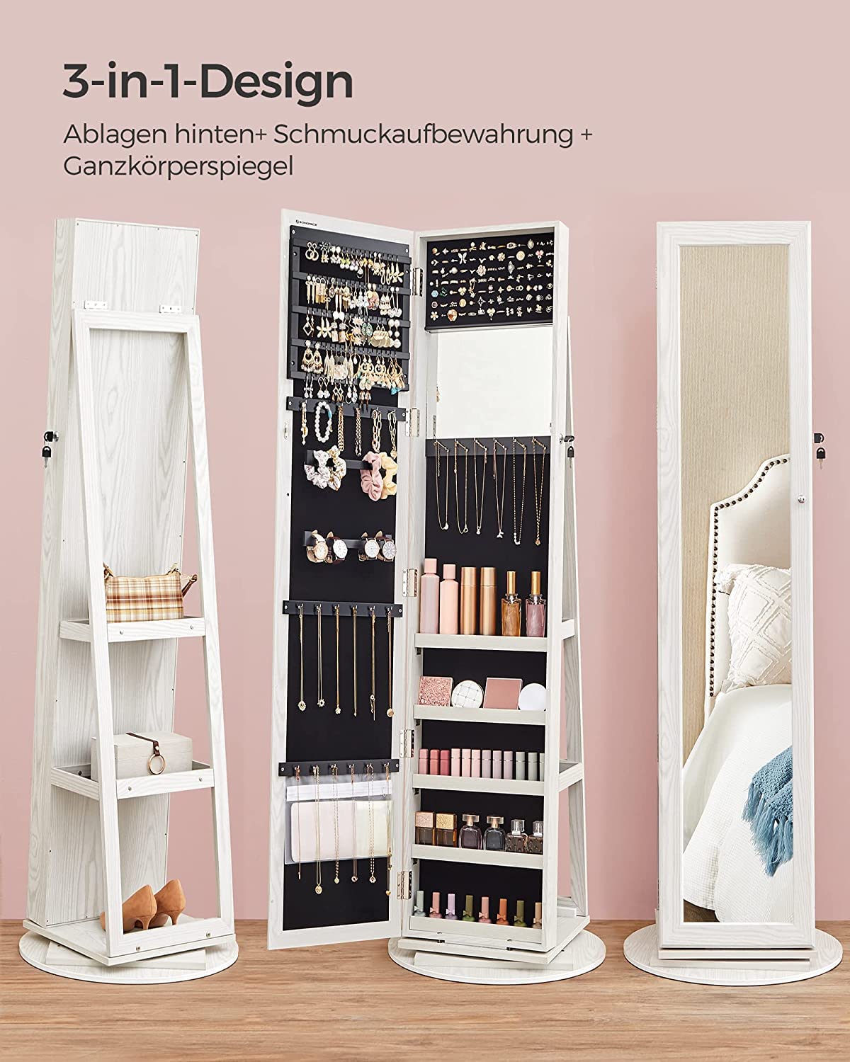 SONGMICS Schmuckschrank, Standspiegel, Spiegelschrank, mit Ganzkörperspiegel, um 360° drehbar, Schmuckaufbewahrung, abschließbar, mit Schlüsseln, Geschenkidee, weiß mit Grauer Holzmaserung JBC62W