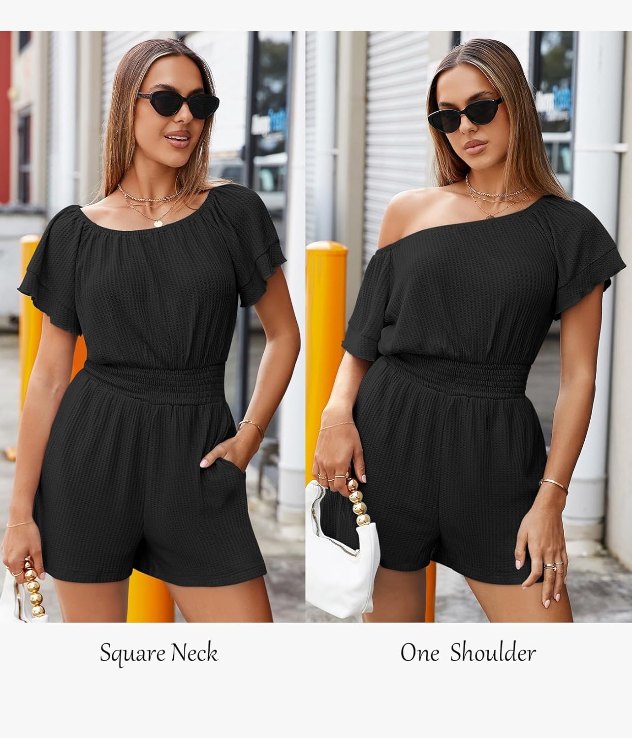 Fixmatti Womens Off The Shoulder Romper Short Sleeve Smocked Waist Mini Jumpsuit with pockets - Image 6