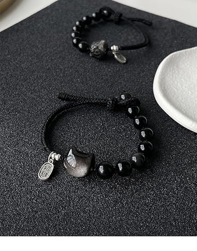 Biuhapiy Natural Black Obsidian Bead Bracelet Silver Sheen