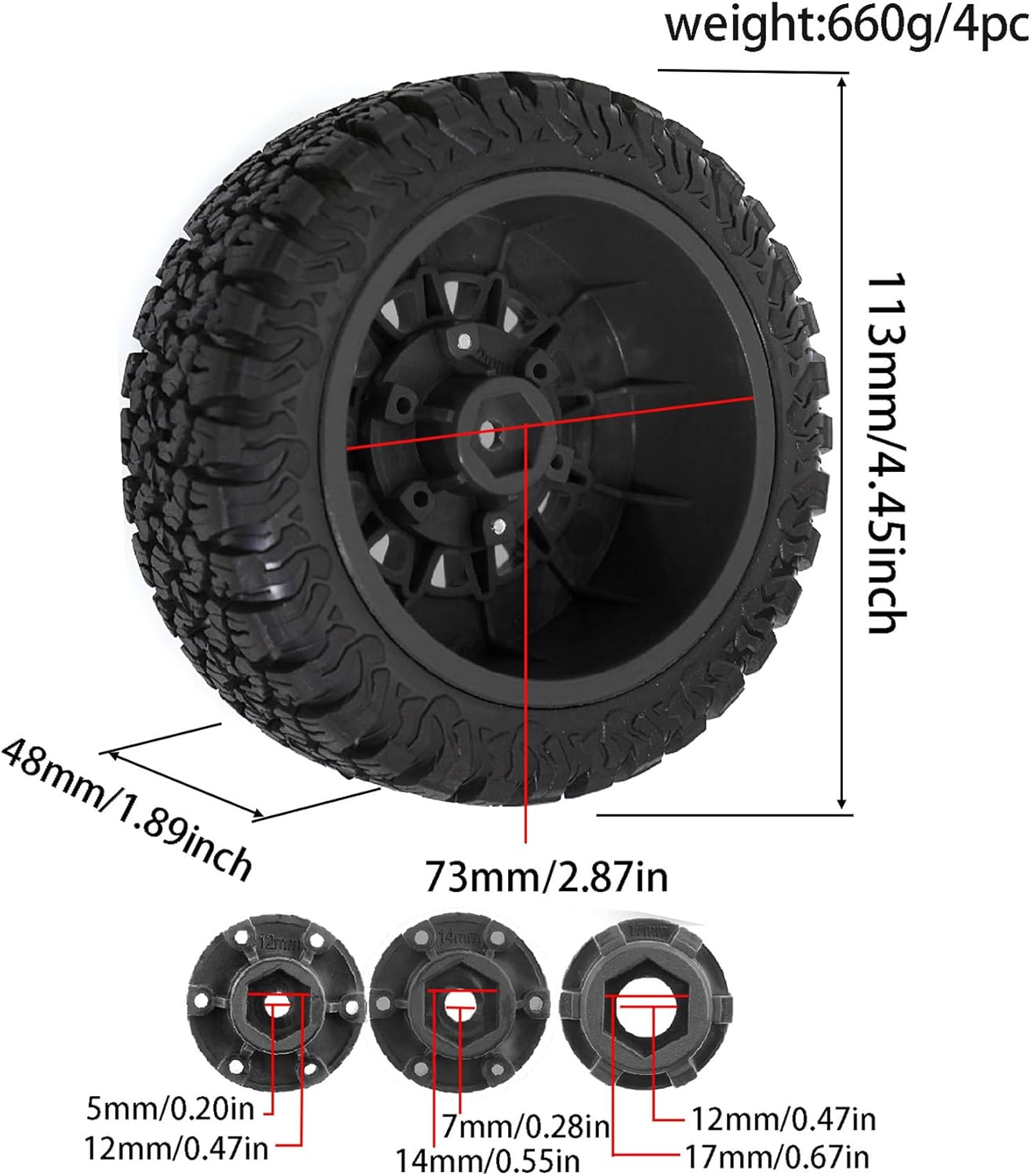 1/10 1/8 RC Short Course Truck Tires OD 113mm and Wheels 12mm 14mm 17mm Hex for 1:8 1:10 Scale Off Road Truck Car Traxxas Slash 2WD 4×4 Axial Losi Redcat Rc4wd Arrma Senton 4PCS (Orange)