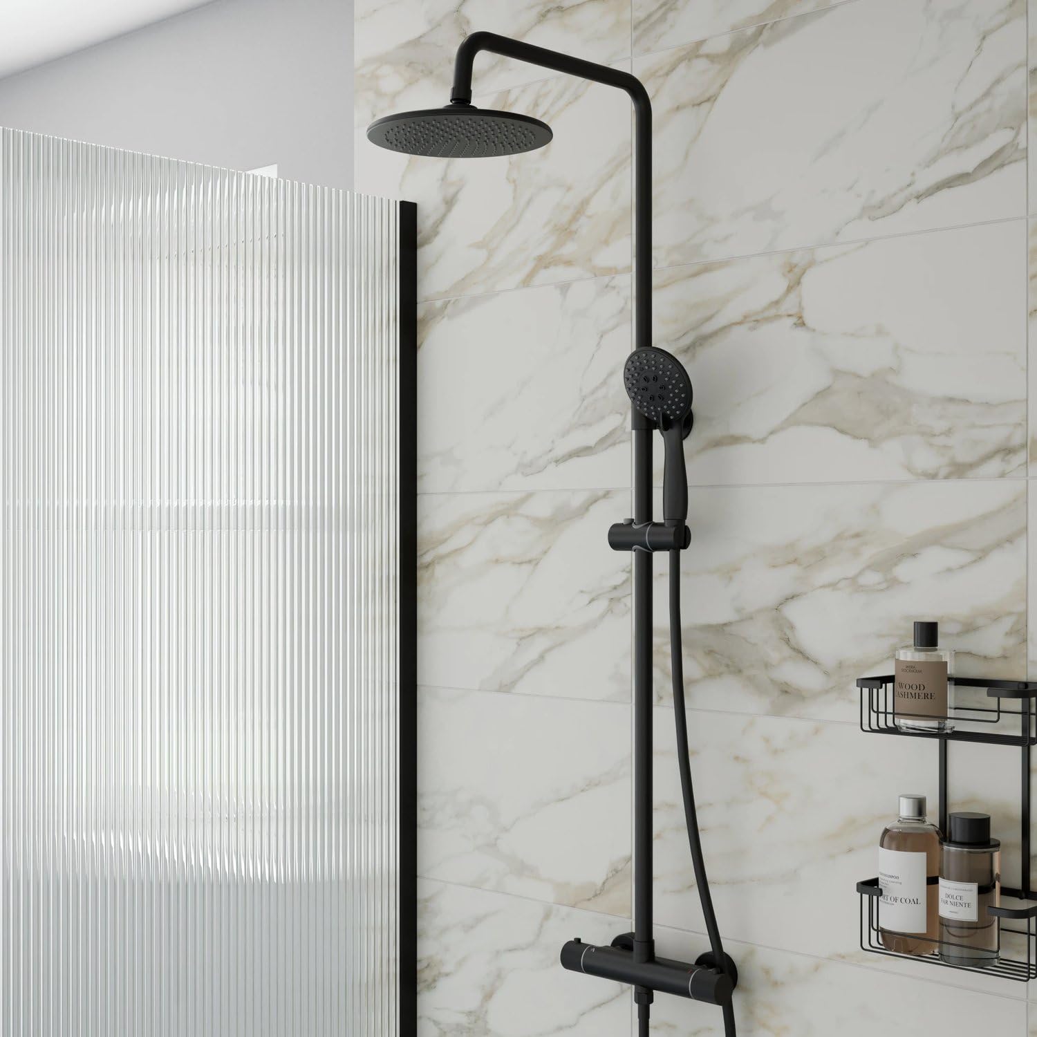 Baystone Black Baystone® Fluted Thermostatic Mixer Shower Set With Rainfall Head Adjustable Riser Rail Handset Hose Exposed Bar Valve Showers Round, Matt