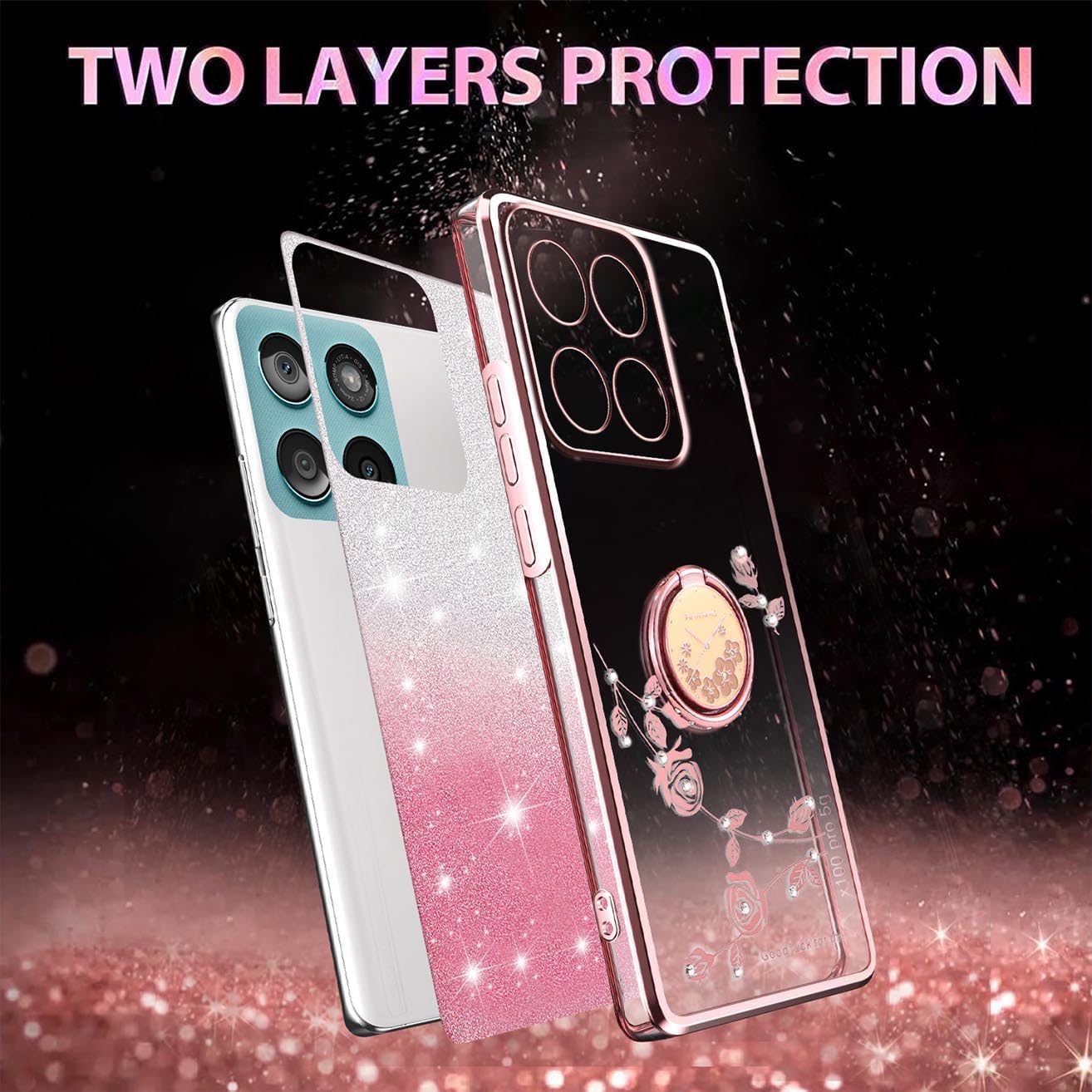 Glitter Cover for Motorola Moto G57/Moto G57 Power, Ultra Thin Transparent Soft Glitter TPU Silicone Shockproof Case, Shines Flowers Ring Holder for Women. Blue image 2