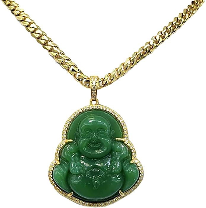 Iced Laughing Buddha Green Jade Pendant 