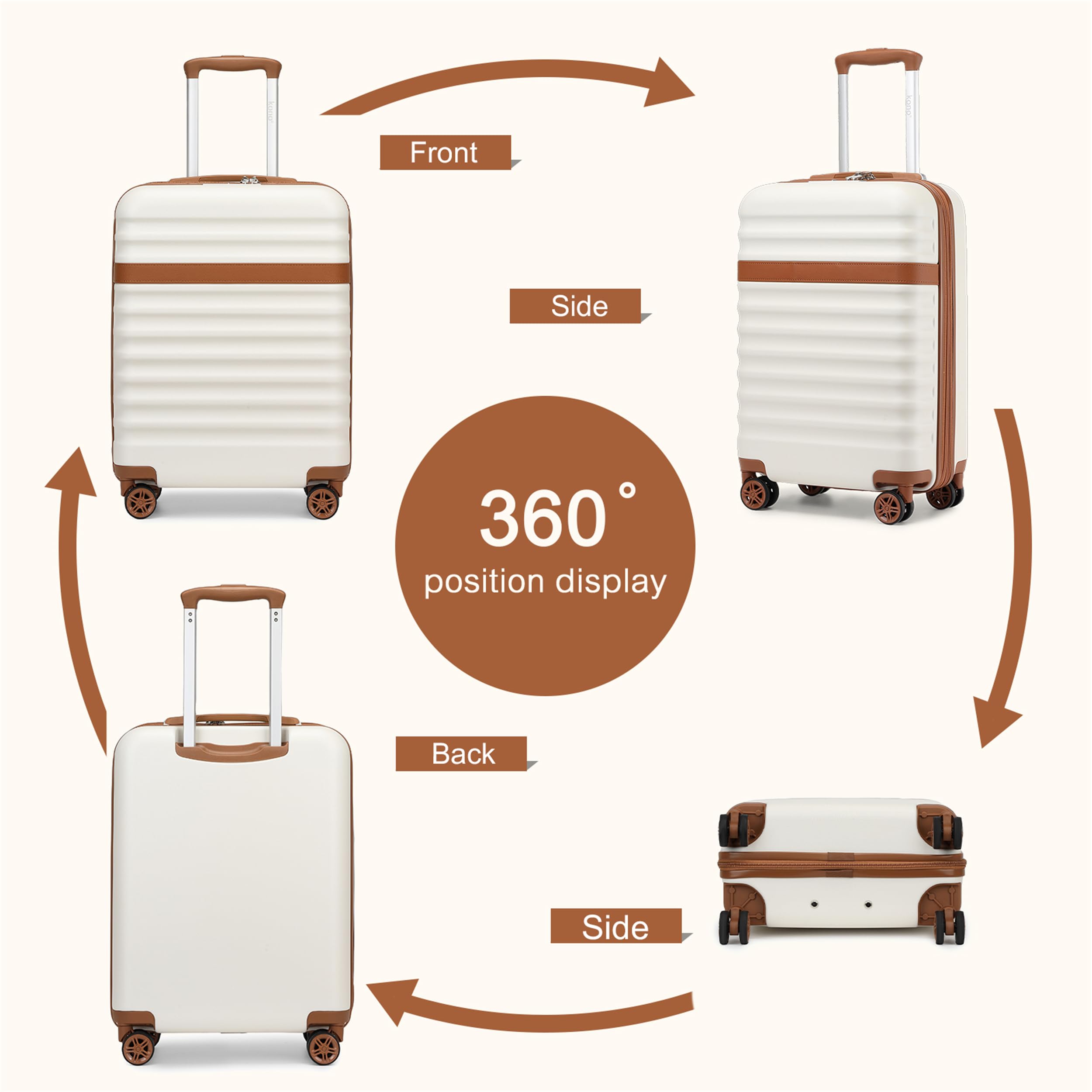 KONO Koffer Groß, Erweiterbar Hartschalenkoffer leicht, Reisekoffer mit 4 Rollen TSA Schloss, ABS+PC Hartschale (Creme/Braun,XL)