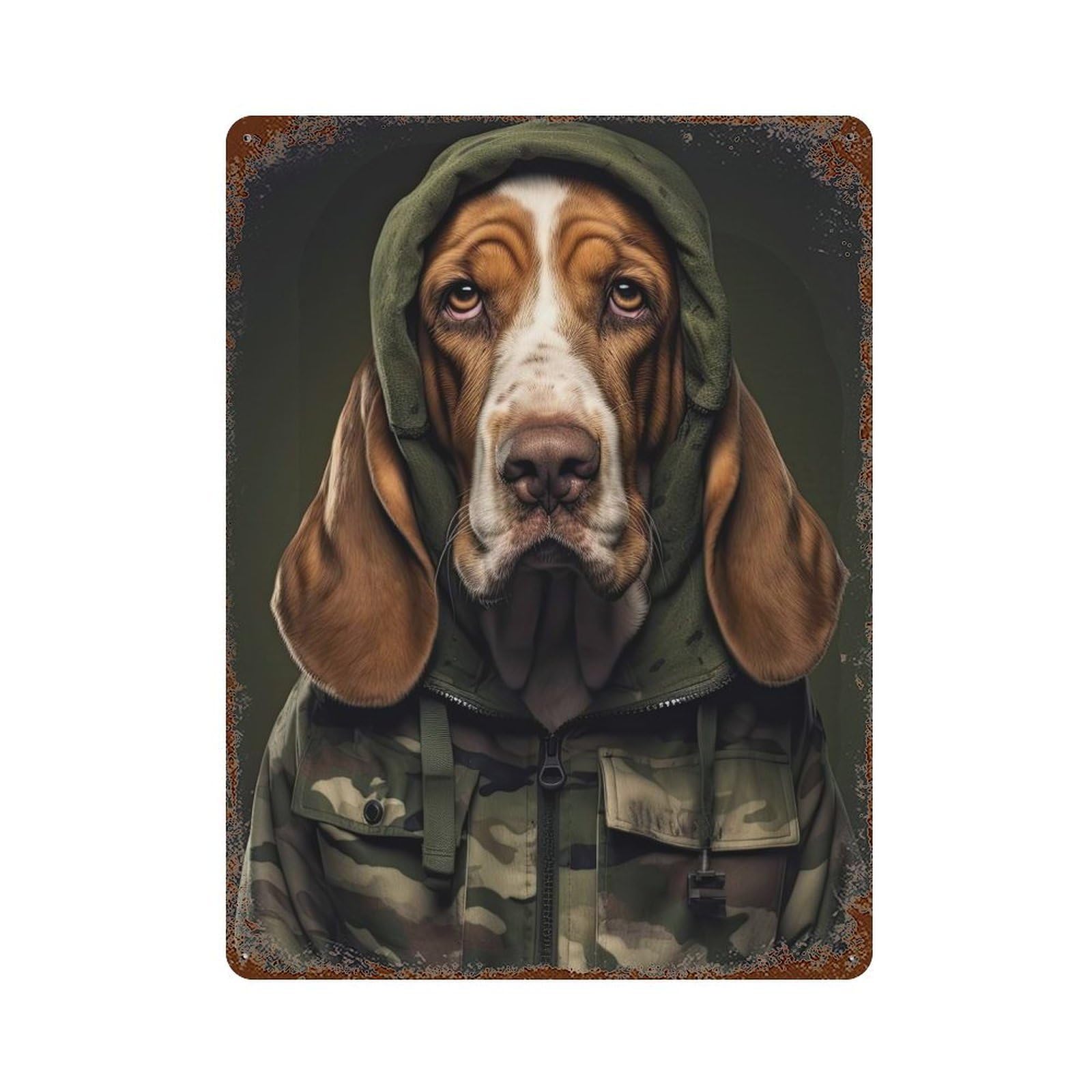 Rust Effect Basset Hound Camo Jacket Vintage Rust Metal Sign 15.7"x11.8", Rustic Home Decor for Farmhouse, Kitchen And Entryway Decor