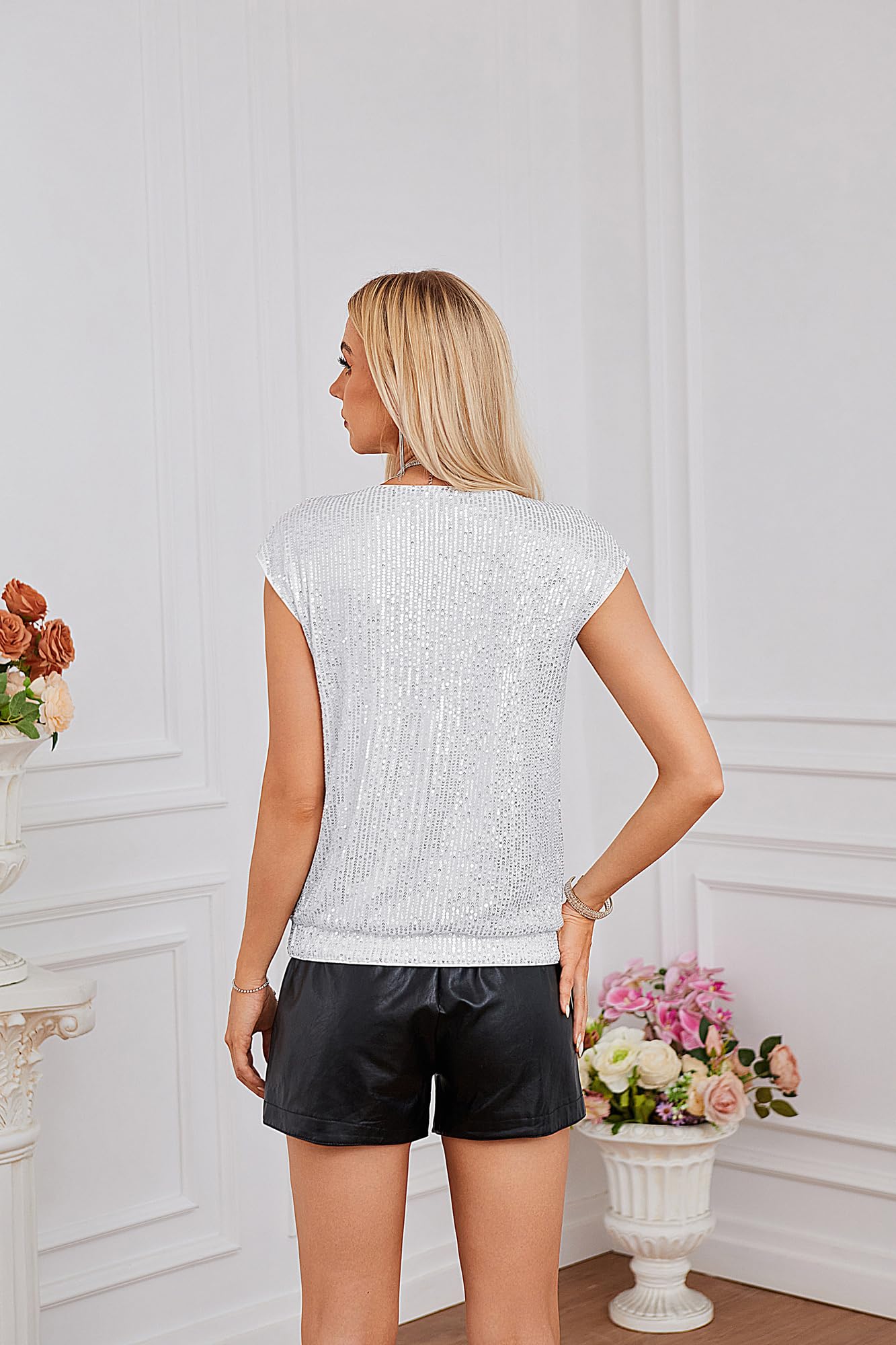 GRACE KARIN Chemisier à Paillettes pour Femme, col en V, Hauts à Paillettes, Manches Courtes, Chemisier Vintage Paty, Tenue de soirée en boîte de Cocktail