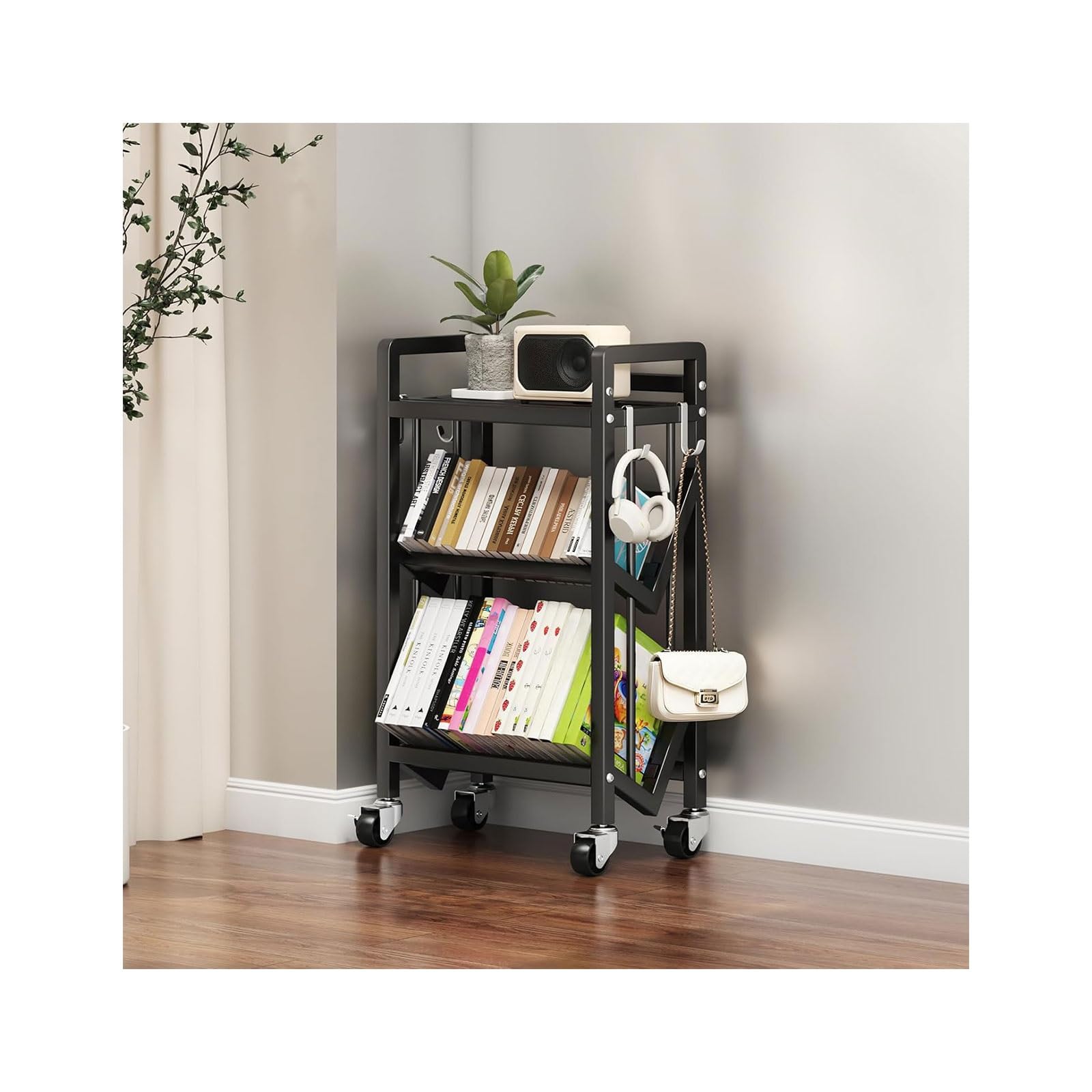 Book Carts with Wheels, Library Rolling Book Cart 2/3/4/5 Tier Movable Bookshelf Mobile Large Capacity L-Shaped Carbon Steel Organizer Rack for Office, Home, Classroom(Black,3 Tiers-19.7x9.8x32.1in)