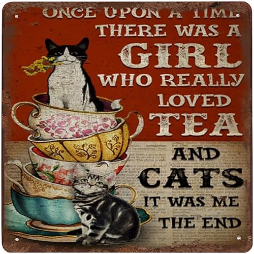 Once Upon A Time Girls Tea Cats - Letrero vertical vintage de lata para amantes del té y los gatos regalo de té divertido para decoración de