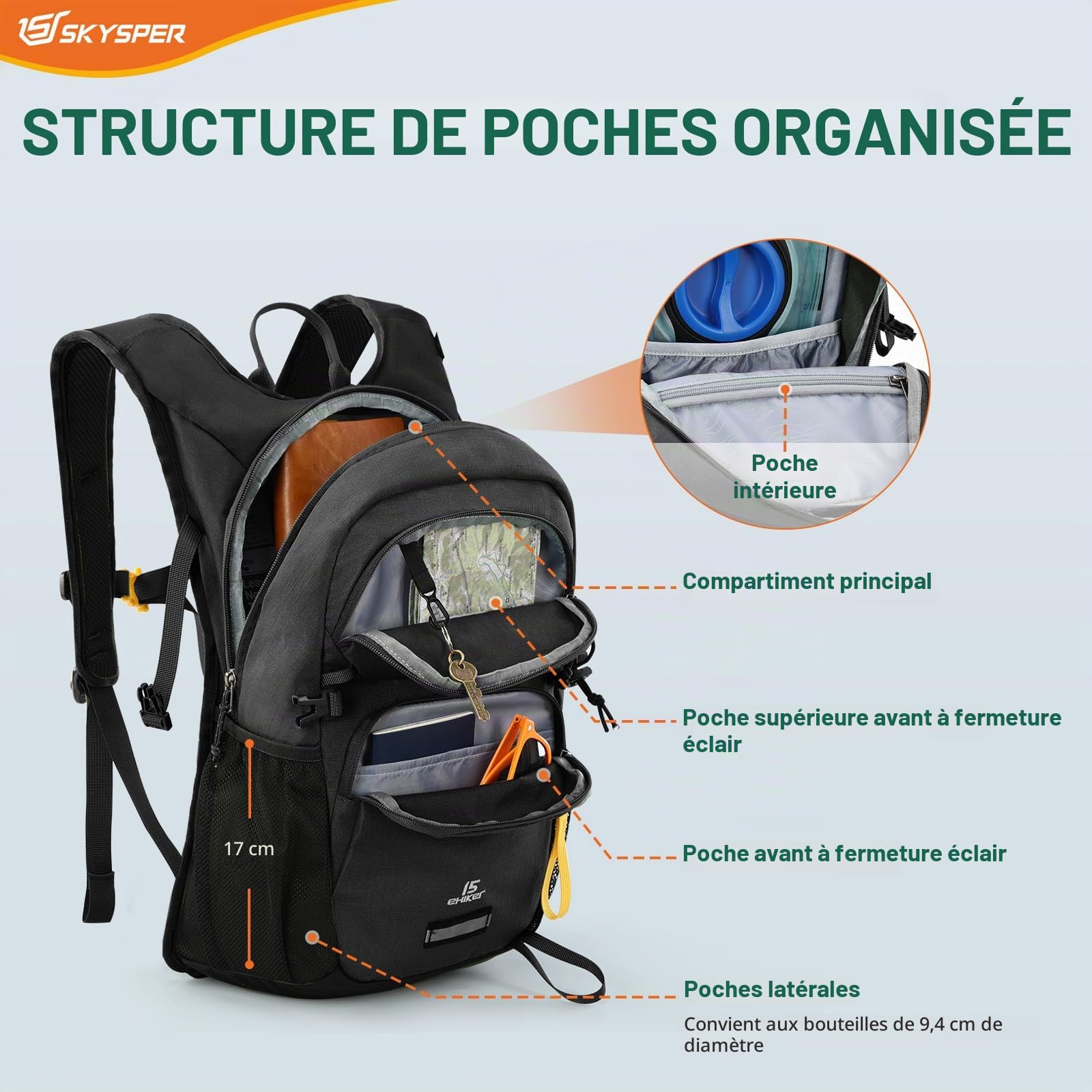 SKYSPER Sac à dos de Randonnée 15L | Petits Sacs à Dos Matière Recyclée pour Voyages Randonnée Vélo