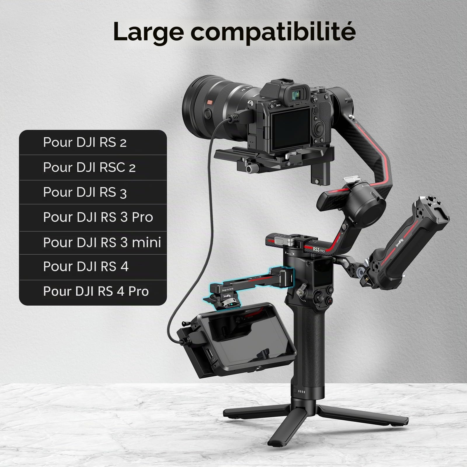 SMALLRIG Support de Moniteur pour DJI RS 2 / RSC 2 / RS 3 / RS 3 Pro/RS 3 Mini/RS 4 / RS 4 Pro/RS 4 Mini/RS 5, avec Pince NATO à Dégagement Rapide, Support de Cold Shoe, Anti-Torsion - 3026B