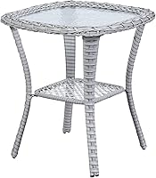 Vista 7 de Mesa de patio al aire libre Mesas auxiliares – Mesa de centro de mimbre con 2 estantes de almacenamiento de ratán mesa auxiliar cuadrada para patio