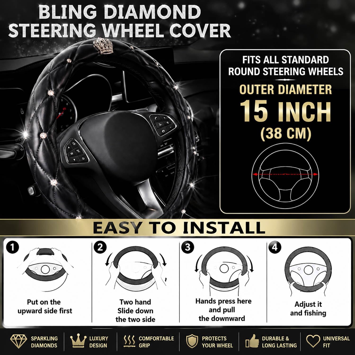 Bling Rhinestone Car Steering Wheel Cover for Women,PU Leather Crystal Diamonds Crown Steering Wheel Covers Non-Slip Universal 15"/38 cm (Crown)
