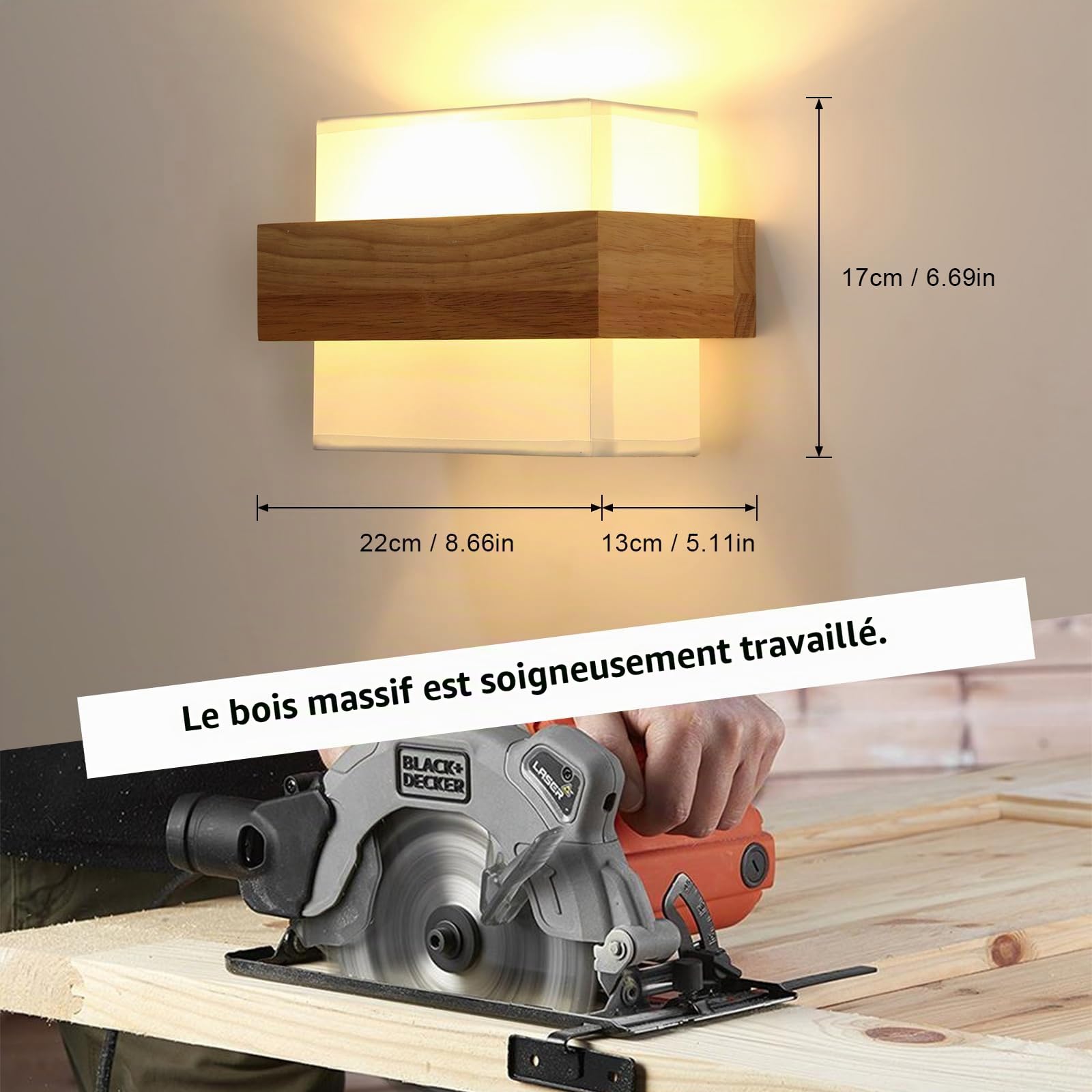 Riserva Applique Murale Intérieur Vintage E27 Bois, Abat-Jour Tissu, Carré