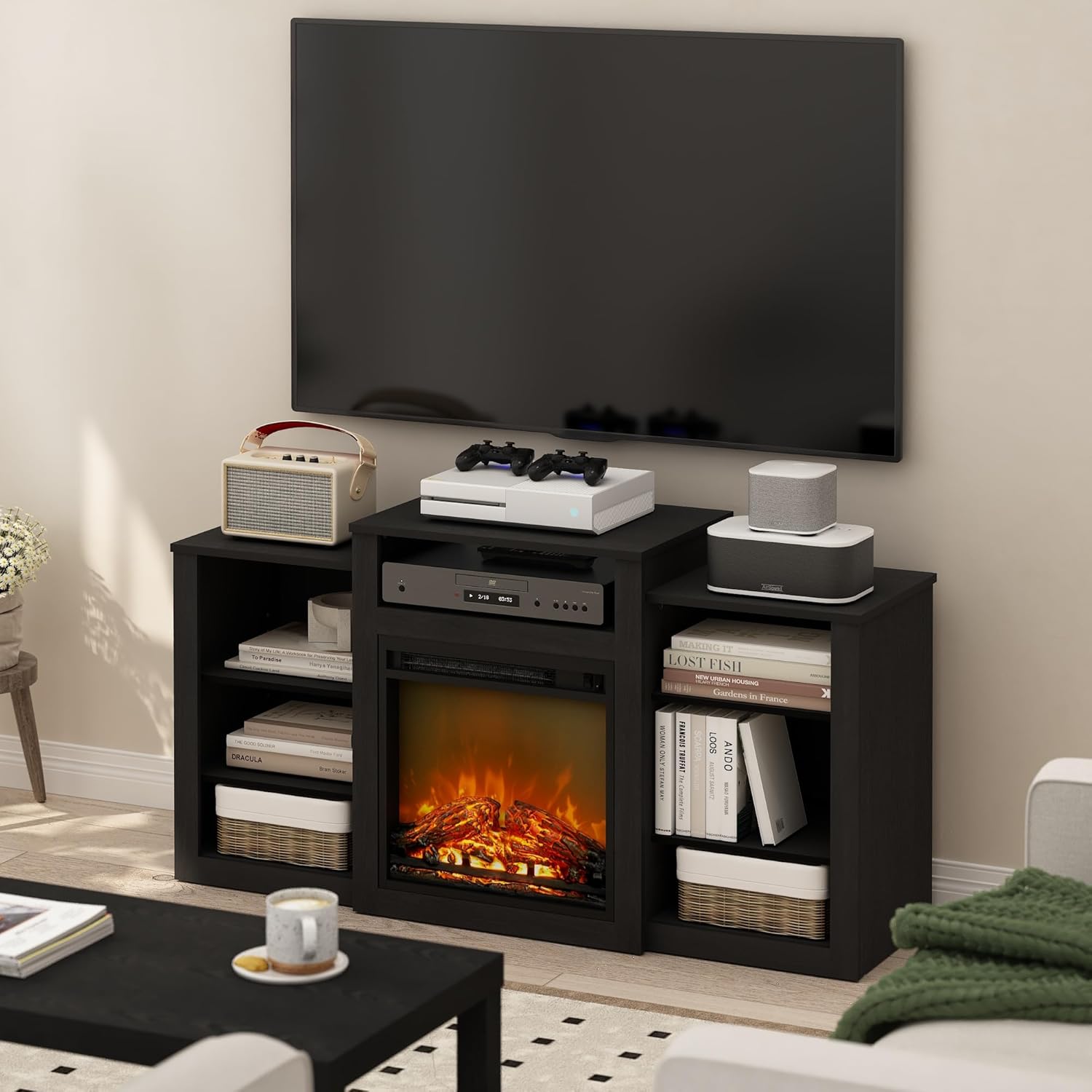 Furinno Jensen TV Stand with Fireplace, Entertainment Center, TV Console for TV up to 55 Inch with Fireplace, for Living Room, Bedroom, Dark Americano