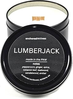Anchored Northwest - Lumberjack Travel Tin Candle, 6oz BlackMetal Tin, American Cedar Wood Wick, Hand Poured, Essential Oil Blend 100% Soy Wax, 35+ Hour Burn