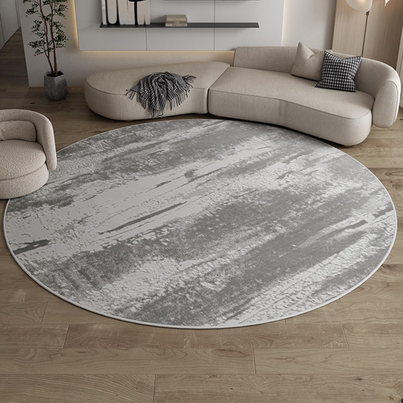 ARUGYTEI Teppich Rund, ø 130 cm, Kurzflor Teppiche Modern Designer Wohnzimmer Schutzmatten Waschbare Matten,Schwarz Weiß Grau Neutrale Farben Modern,Grau