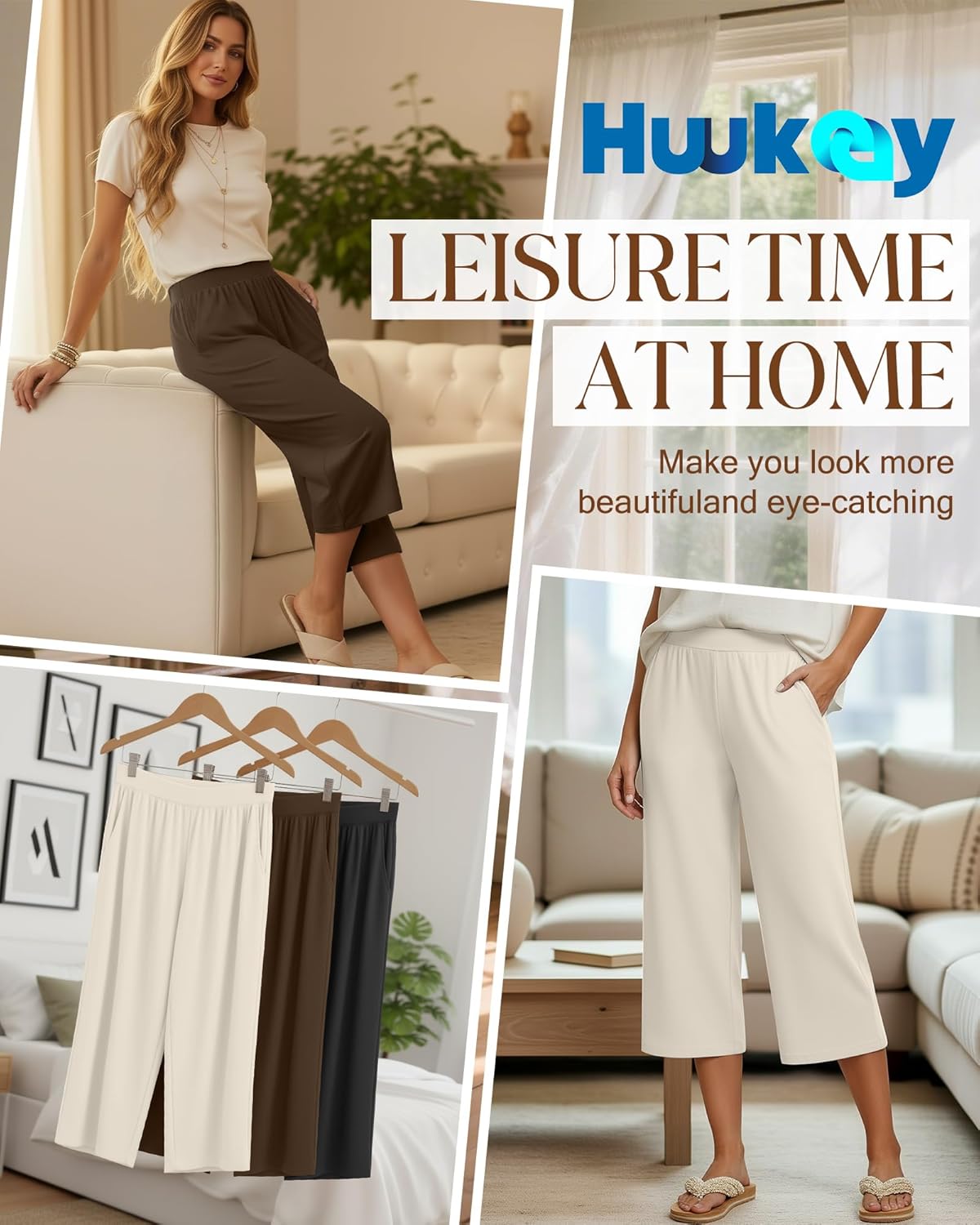 Huukeay 3 Pack Women's Capri Sweatpants, Cozy Wide Legs Cropped Capri with Pockets, Lounge Jogger Pants Workout Yoga Solid - Image 3