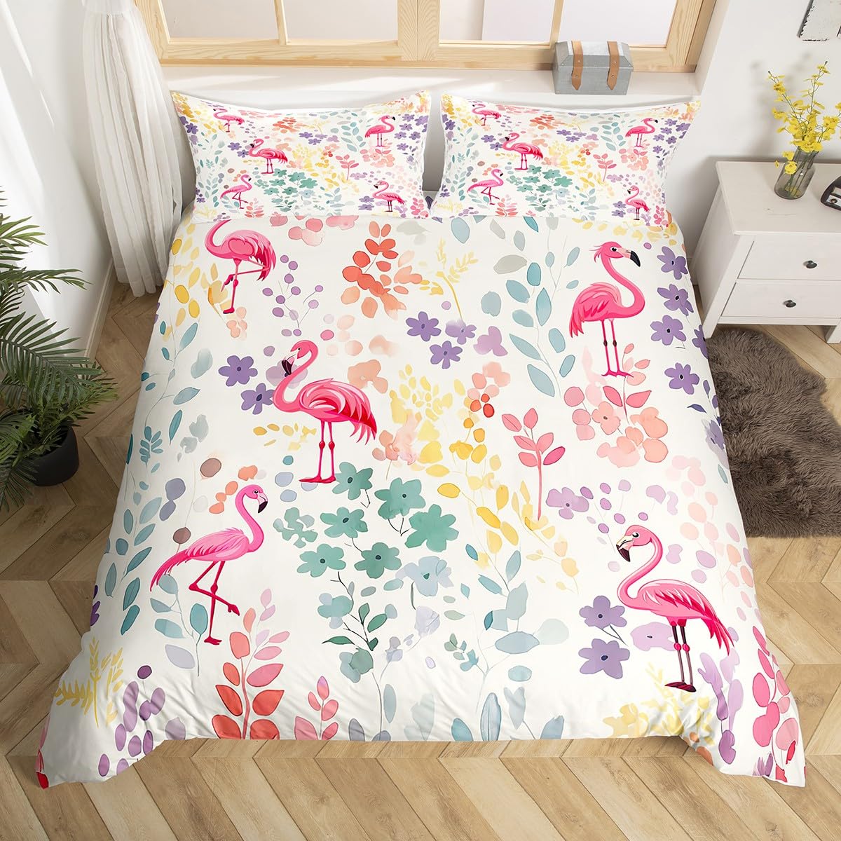 Homewish - Funda nórdica infantil flamenco rosa Kawaii, juego de cama de 140 x 200 cm, estampado flamenco, juego de fundas nórdicas florales de acuarela y cubre cama animales salvajes