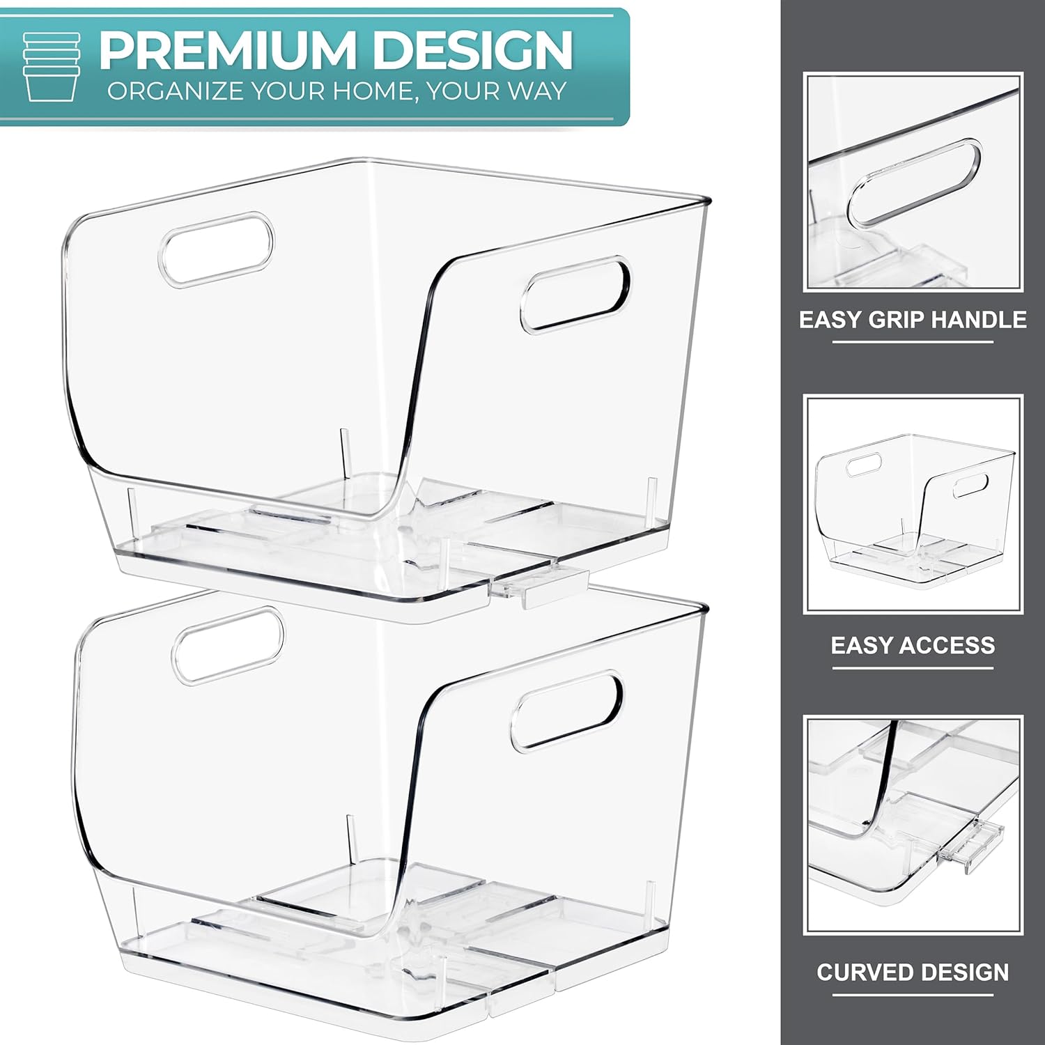 Sorbus Stackable Storage Bins Open Front, Clear Stackable Storage Bins, Pantry Bins for Storage and Organization, Acrylic Stackable Bins for Kitchen, Clear Pantry Organizer Bins (Medium Sqware 4 Pack)