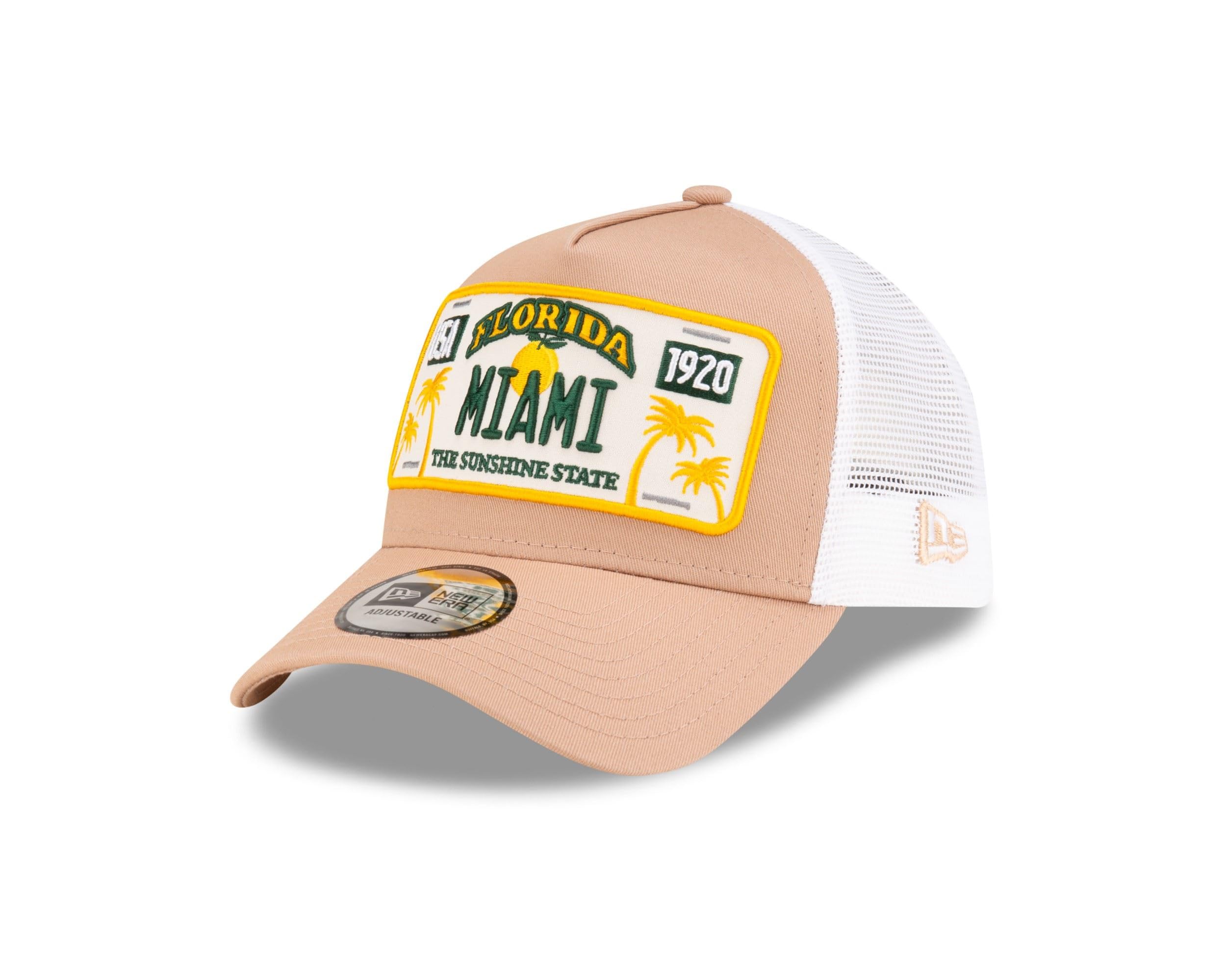 New Era Miami Trucker Cap Florida License Plate Patch Adjustable hat mesh Beige
