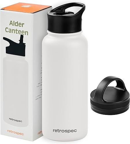 Retrospec Botella de agua aislada de aliso con tapa de popote y tapa de asa, termo de acero inoxidable con boca ancha de doble pared aislada al