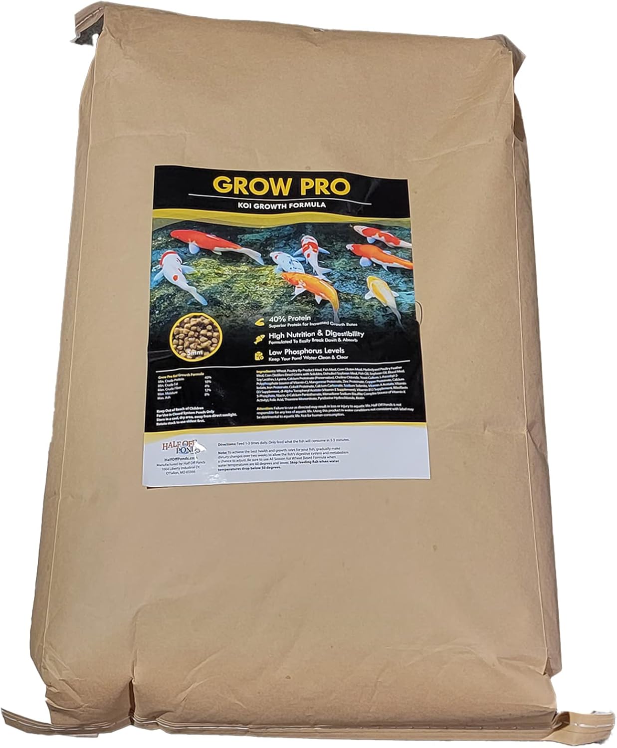 HALF OFF PONDS Grow Pro Koi Fish Food - 20 lb Floating Pellets, 5mm Size - Goldfish Food for Ponds - 40% Protein with Fish Meal & Probiotics - Designed for Rapid Growth & High Digestibility
