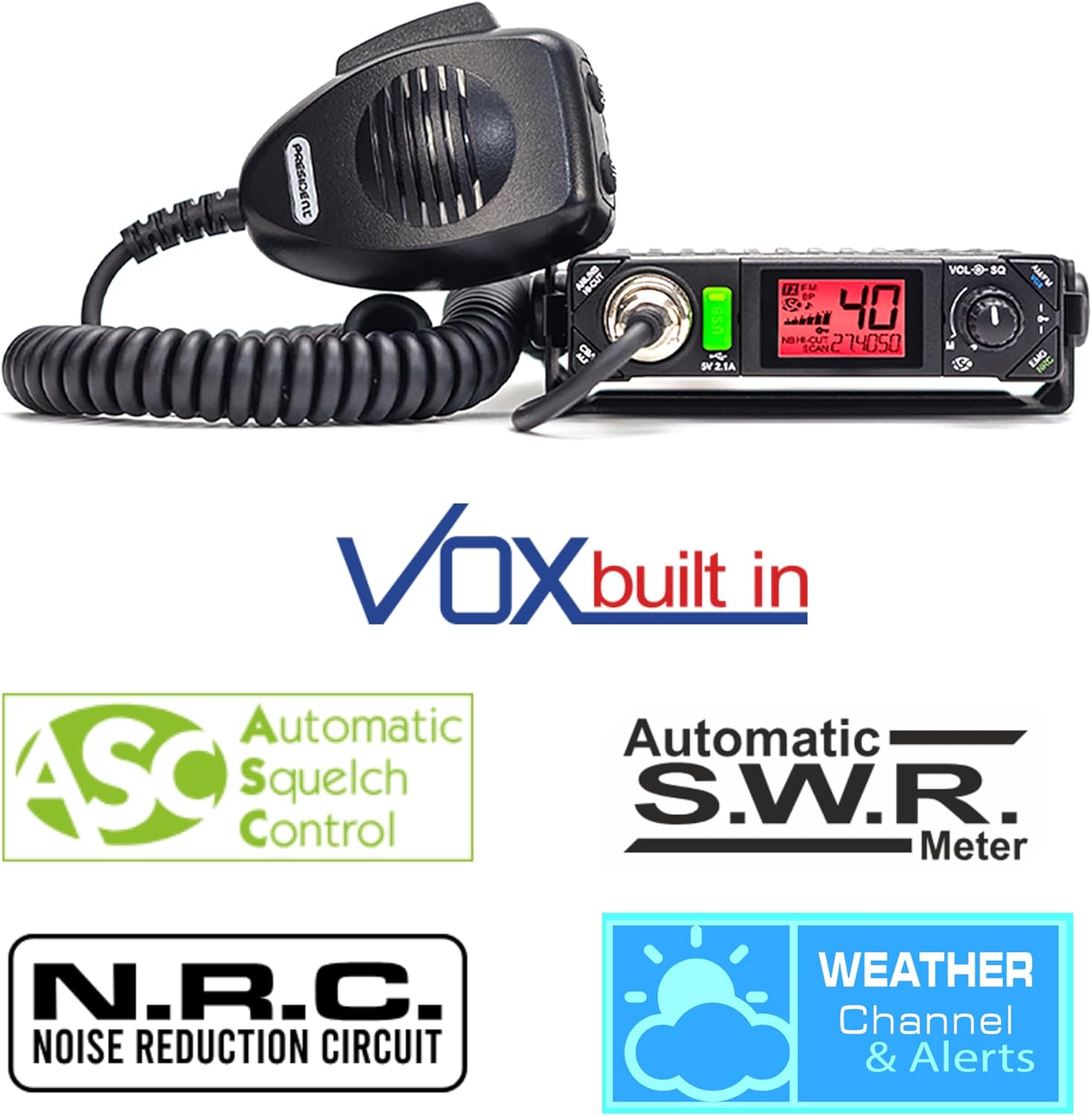 Bill III FCC AM/FM CB Radio with DIGIMIKE Microphone, Ultra-Compact with P Channels, NRC, Weather Channel, Scan Skip, ASC, VOX, USB Port, 7 Color Display with Lumintrail Keychain