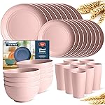 Teivio 32-Piece Kitchen Plastic Wheat Straw Dinnerware Set, Service for 8, Dinner Plates, Dessert Plate, Cereal Bowls, Cups, Unbreakable Colorful Plastic Outdoor Camping Dishes, Pink
