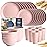 Teivio 32-Piece Kitchen Plastic Wheat Straw Dinnerware Set, Service for 8, Dinner Plates, Dessert Plate, Cereal Bowls, Cups, Unbreakable Colorful Plastic Outdoor Camping Dishes, Pink
