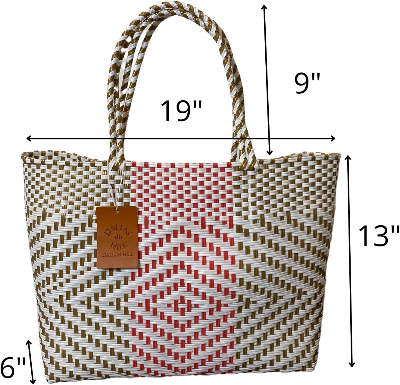 Dallas Hill Designs Handwoven Super Tote Bag for Women | Recycled Plastic Shoulder Purse | Summer Beach, Pool, and Travel Handbag (White Pink & Gold) - Image 3