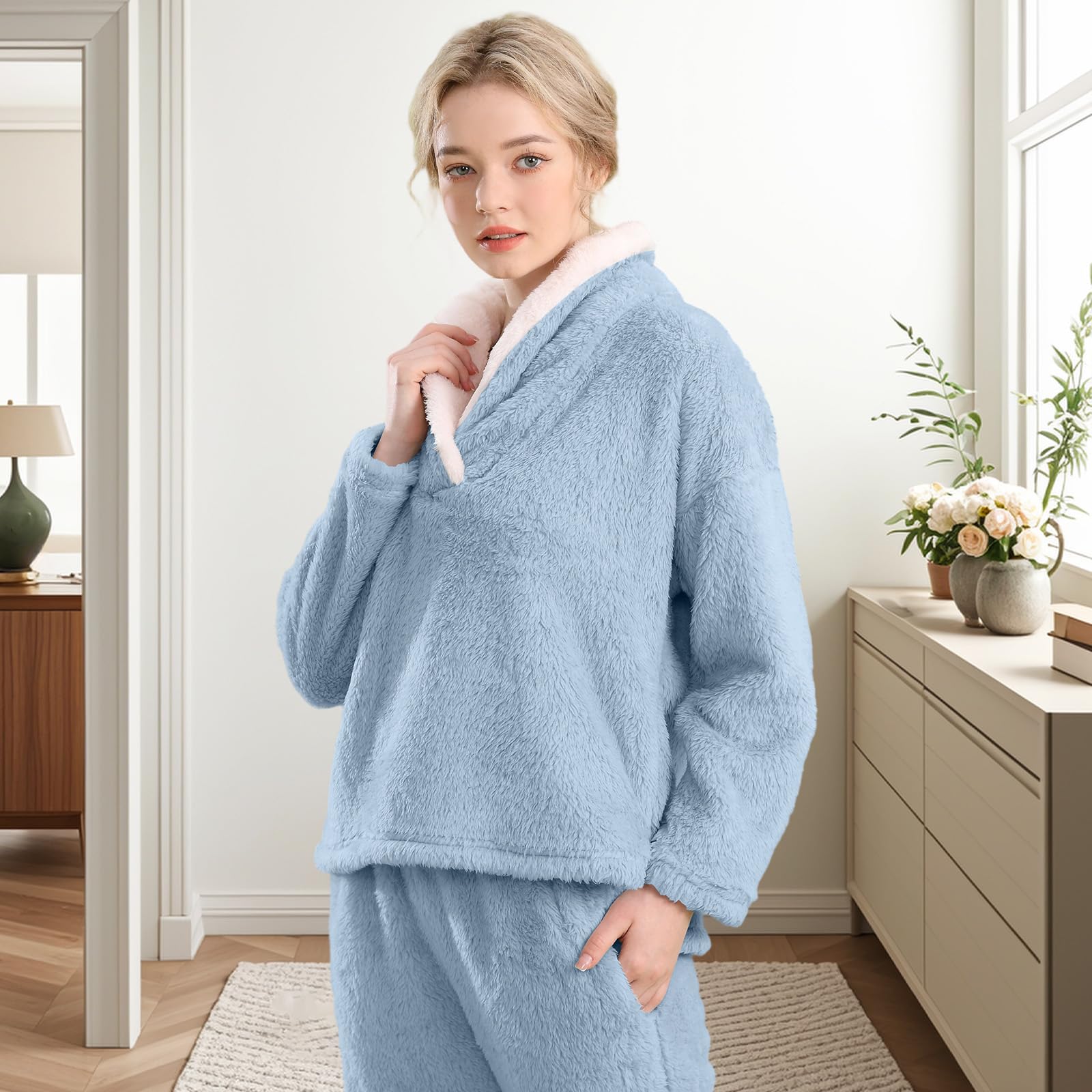Fluffy Pajamas for Women Set Soft Comfy Fleece Pjs Pullover Pants Loose Plush 2 Piece Sleepwear Fuzzy for Winter