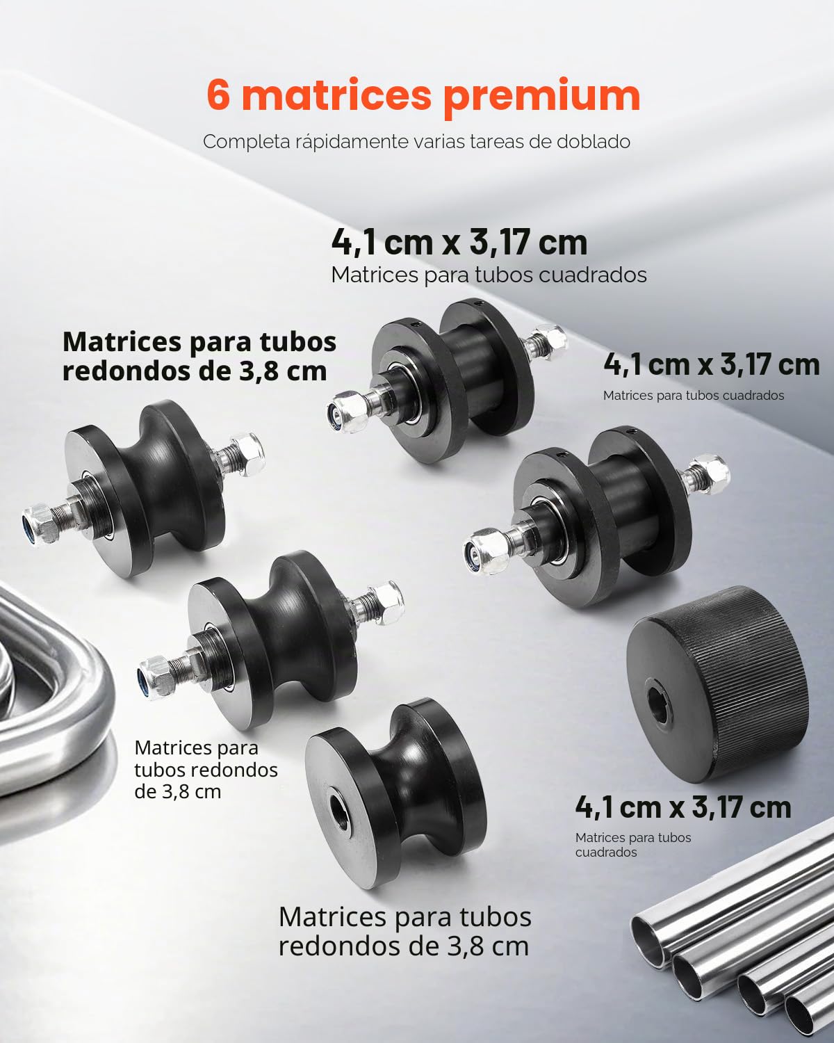 VEVOR Dobladora de Tubos Manual 1-1/2" 6 Troqueles Herramienta para Doblar Tubos de Aluminio Cobre de 360° para Tubos Cuadrados, Redondos, Barras Planas para Aire Acondicionado, Reparación de Autos