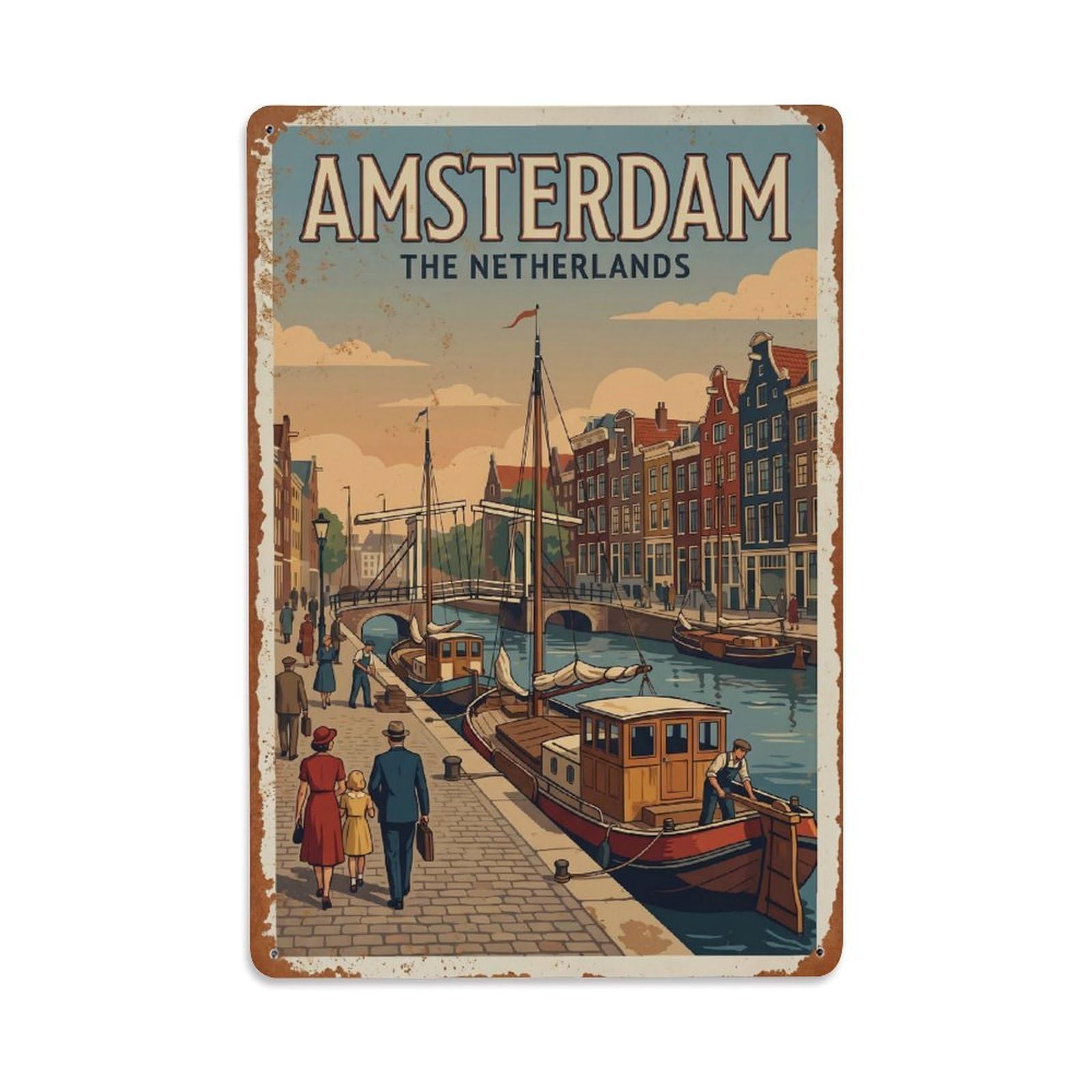Okngb Style Amsterdam Waterside Quay Classic Waterfront Travel Metal Tin Sign Plaque Wall Decor For Cafe, Man Cave, Club Bar, Office, Home Garden Round Metal Poster 8X12inch