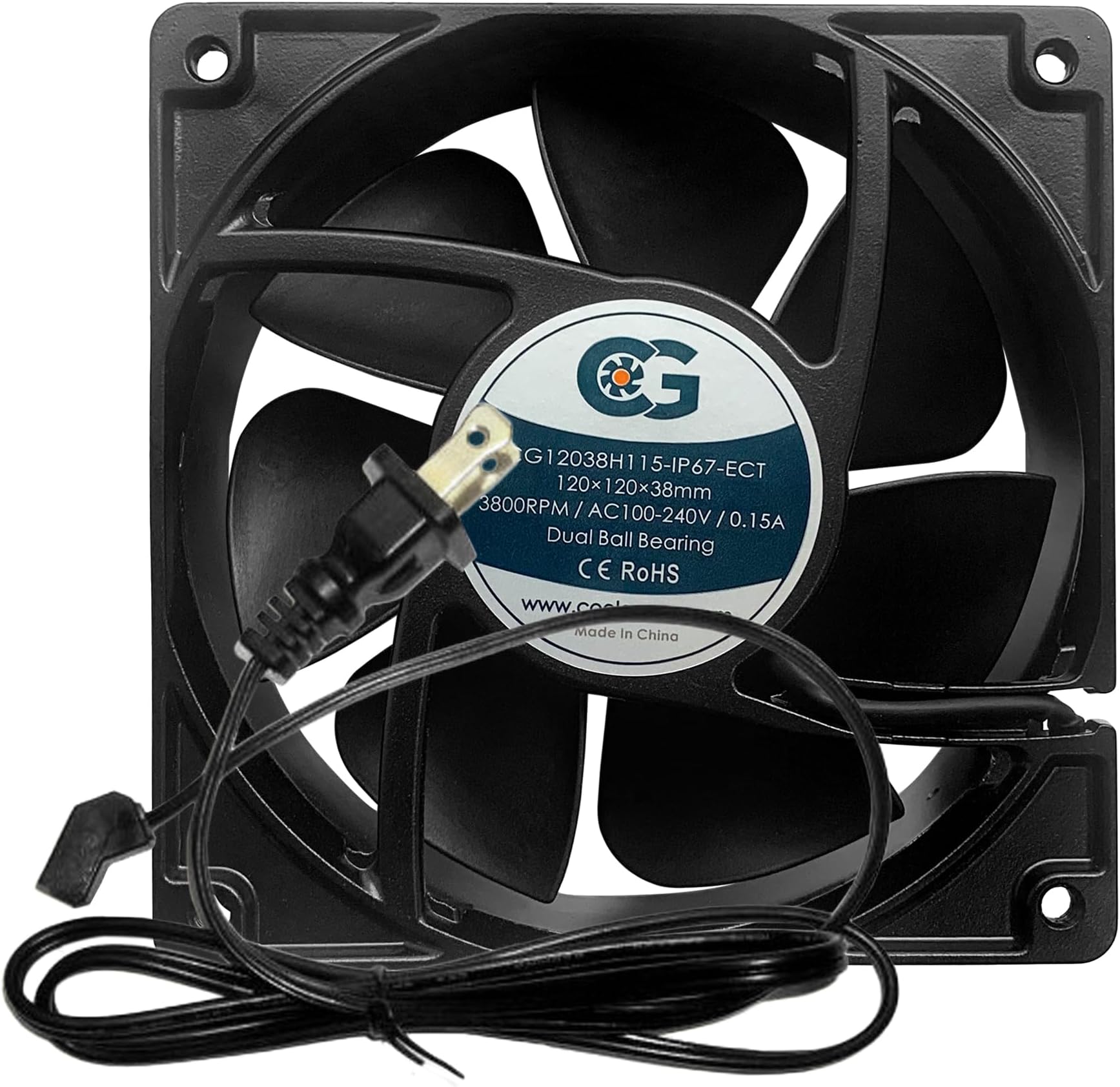 coolerguys120x120x38mm 115v High Airflow IP67 EC Fan with Terminal Connection and AC Power Cord