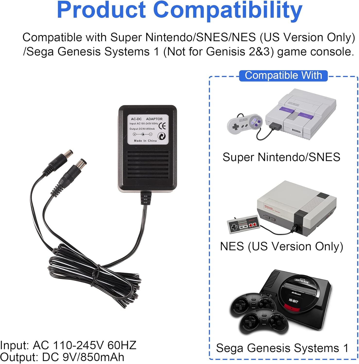 SNES Power Cord, NES Power Cord, AC Power Supply Compatible with Super Nintendo/SNES/NES/Genesis1