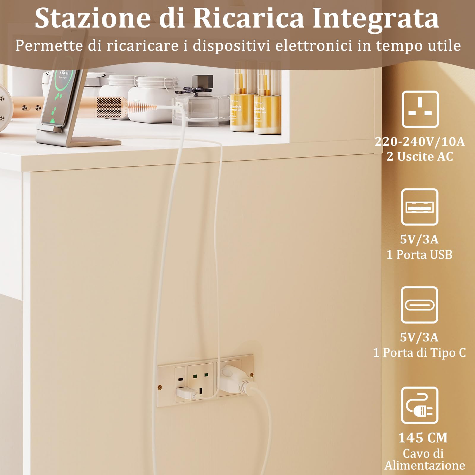 RELAX4LIFE Toeletta da Trucco con Luci LED a 3 Colori, Tavolo da Trucco con Stazione di Ricarica e Cassetto, Postazione Trucco per Camera da Letto, 66 x 40 x 136 cm, Bianco