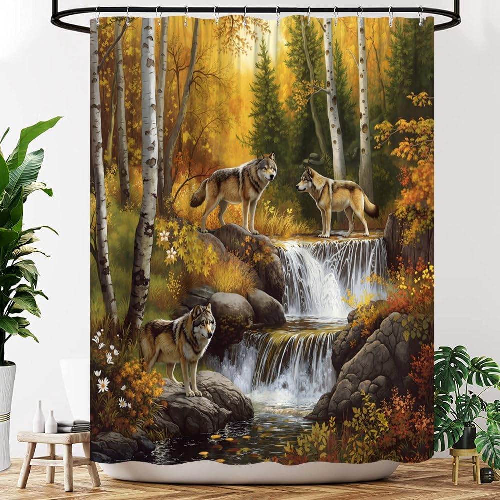 Wolf Shower Curtain Fall Autumn Forest Wild Animals Wildlife Hunting Rustic Cabin Fabric Bathroom Decor Curtains with Hooks, 70" Wx84 H