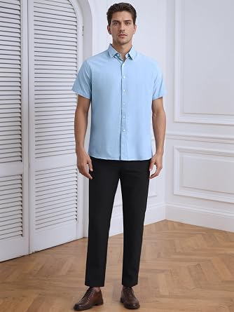 Men's Solid Dress Shirts Short Sleeve Cotton Regular Fit Button Down Formal Business Shirt
