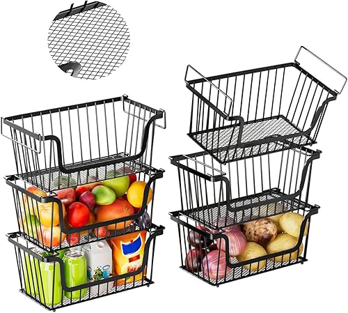 Miniatura 11 de Cestas de alambre apilables a prueba de fugas mejoradas, paquete de 4 organizadores y almacenamiento de despensa, almacenamiento de despensa, cestas