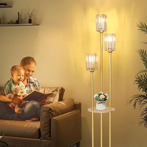 Miniatura 6 de HMVPL Lámpara de pie dorada con estante, lámpara de pie vintage para sala de estar, lámpara de pie retro con mesa, lámpara alta de mediados de siglo