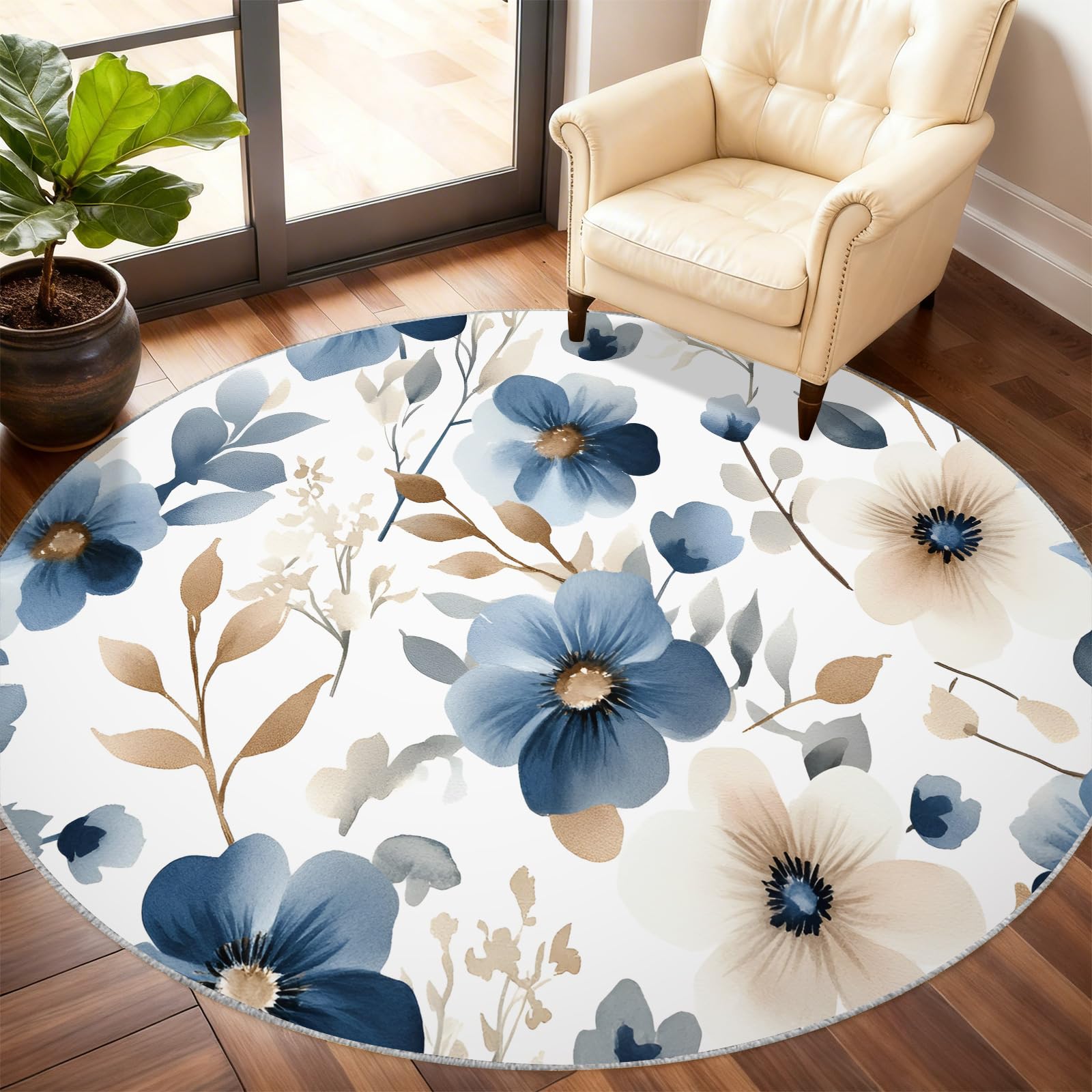 Tapis rond bleu floral pastel pour créer un coin lecture apaisant dans la chambre