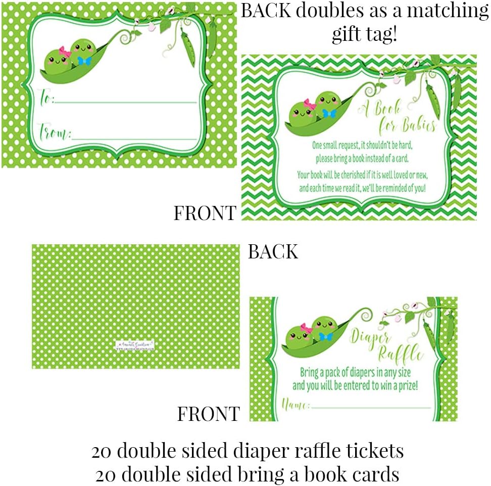 Two Peas in a Pod Twin Boy and Girl Baby Shower Party Bundle Includes 20 each of Invitations with Envelopes + 4 Different Sizes of Decorative Stickers, Diaper Tickets & Bring a Book Cards