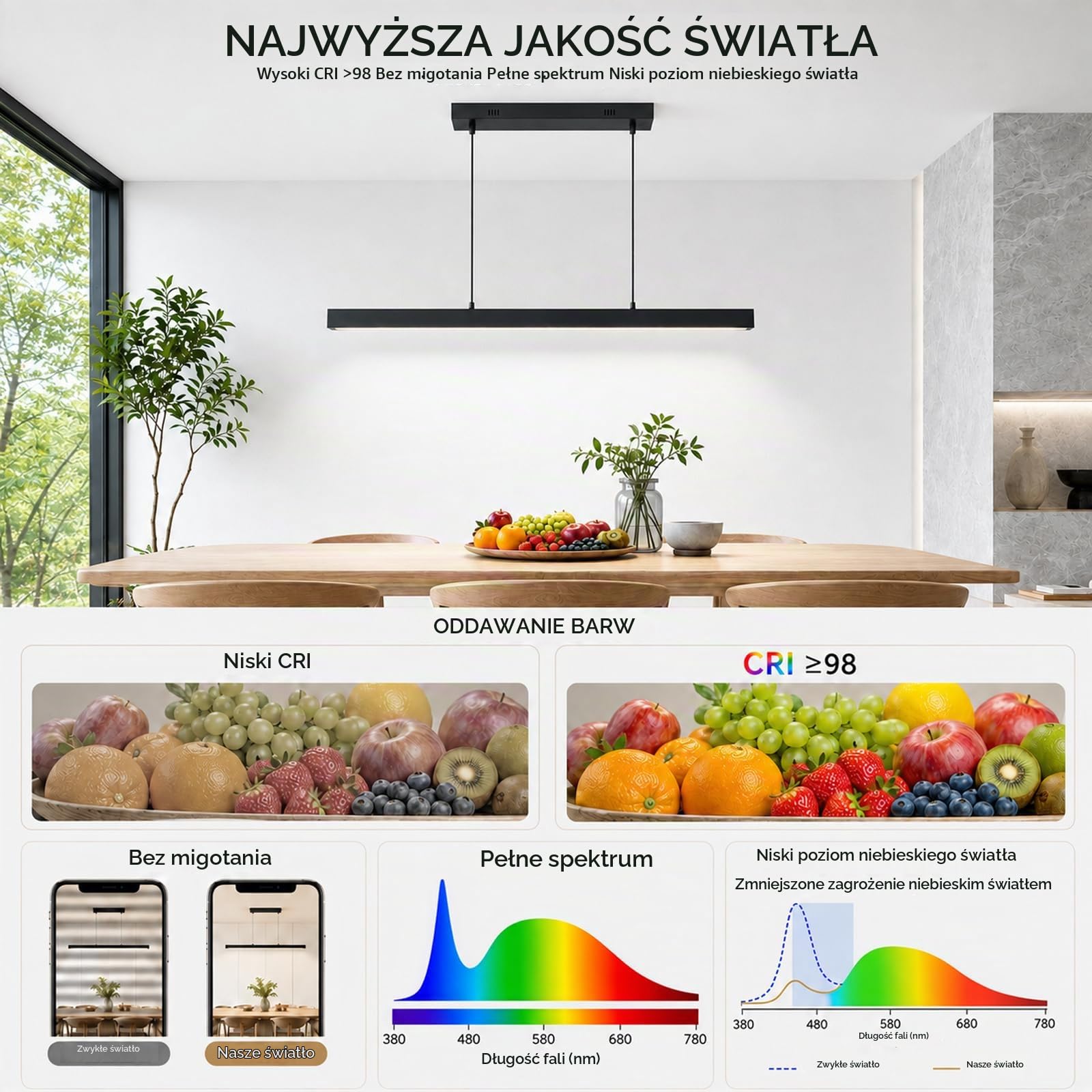 Lampa wisząca LED Jadalnia, Pilot & APP, Dekor Drewniany, Czarna, 100cm