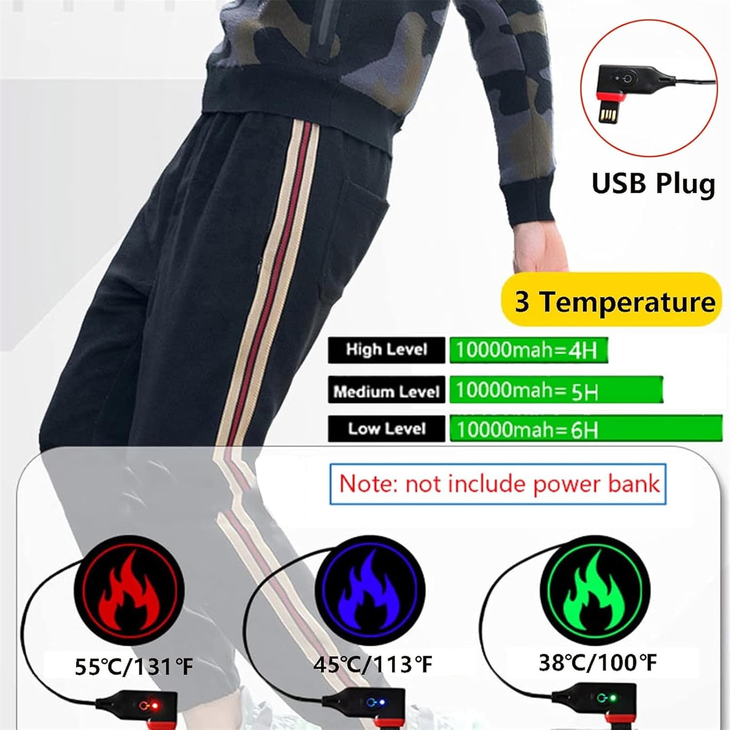 Heated Thermal Underwear Pants Rechargeable USB Electric Heating ​Trousers Washable Warm for Skiing and Camping