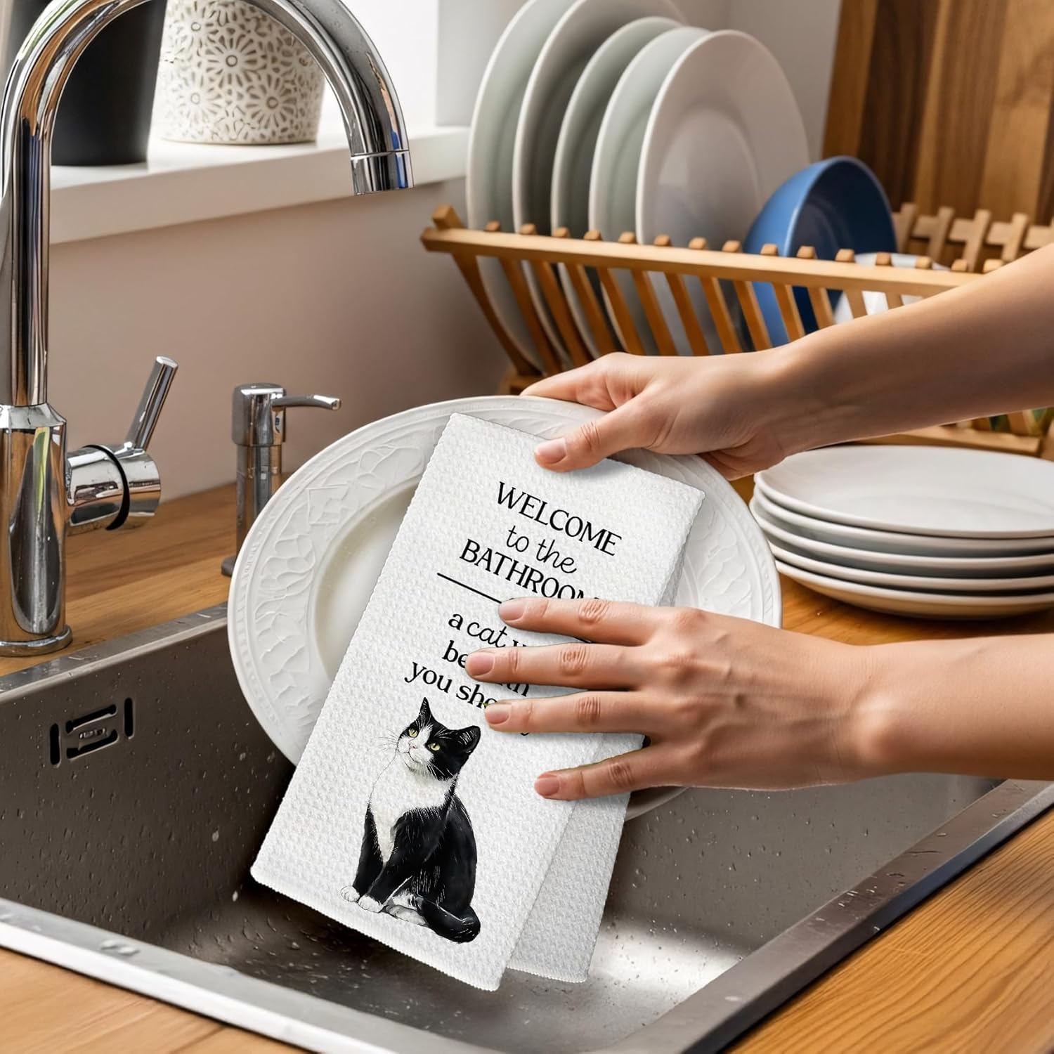 Funny Tuxedo Cat Hand Towels, Funny Tuxedo Cats Gifts for Cats Lovers Women Hand Towel, A Cat Will Be with You Shortly Decorative Towel for Bathroom, Cute Kitty Bathroom Decor, 16x24in - Image 4
