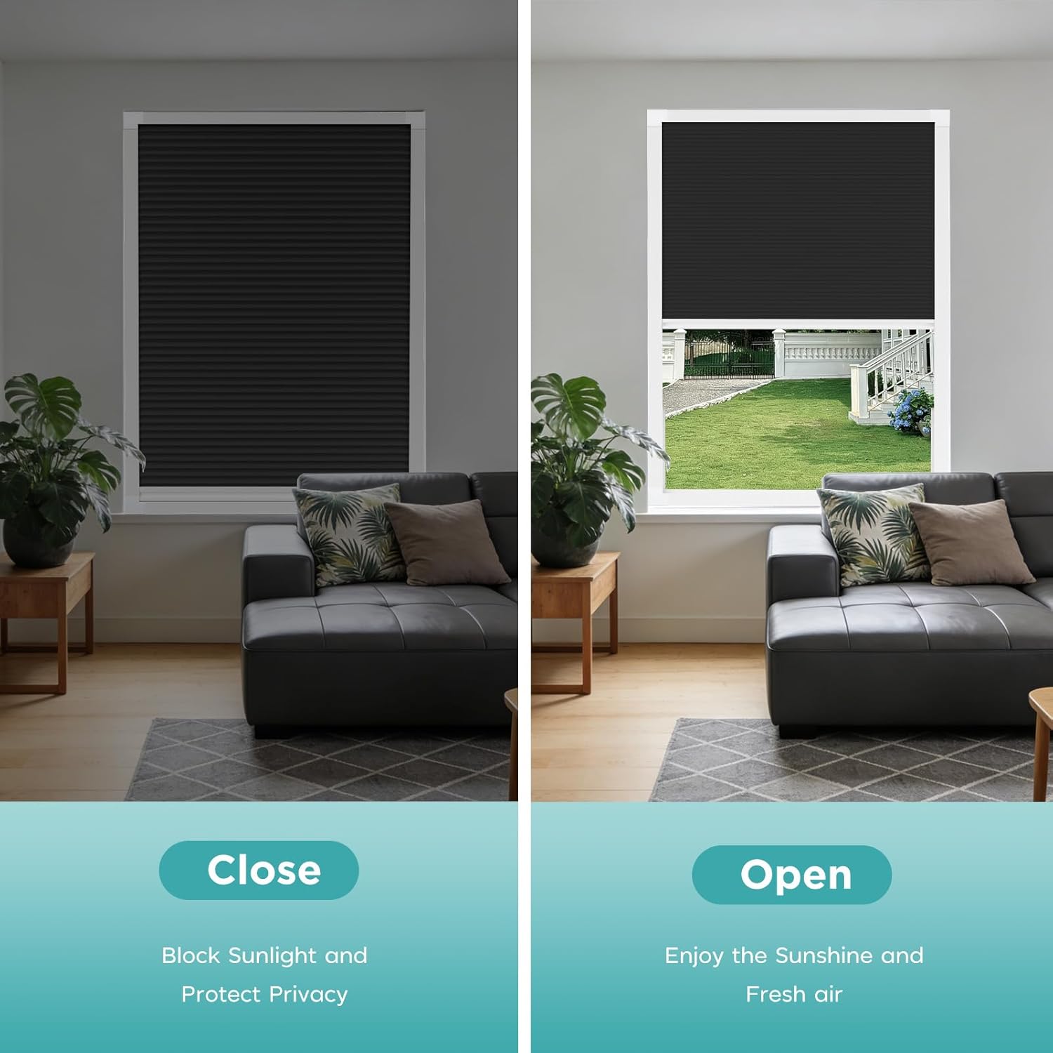 No Drill Blackout Cellular Shades with Frame, Custom Cordless Honeycomb Blinds for Windows, 100% Light Blocking Cellular Window Shades for Bedroom, Nursery & Skylight, Black